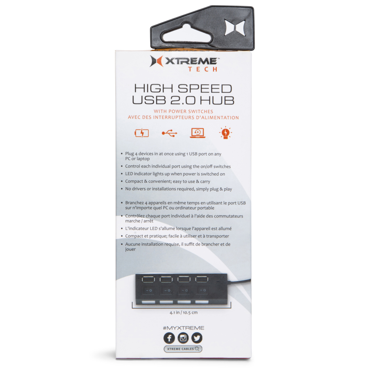 High Speed 2.0 USB Hub 4 Ports W. Power Switches