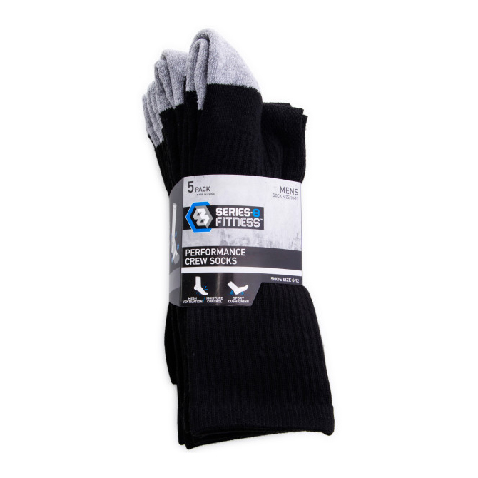 Series-8 Fitness™ Men's Performance Crew Socks Black 5-Pack