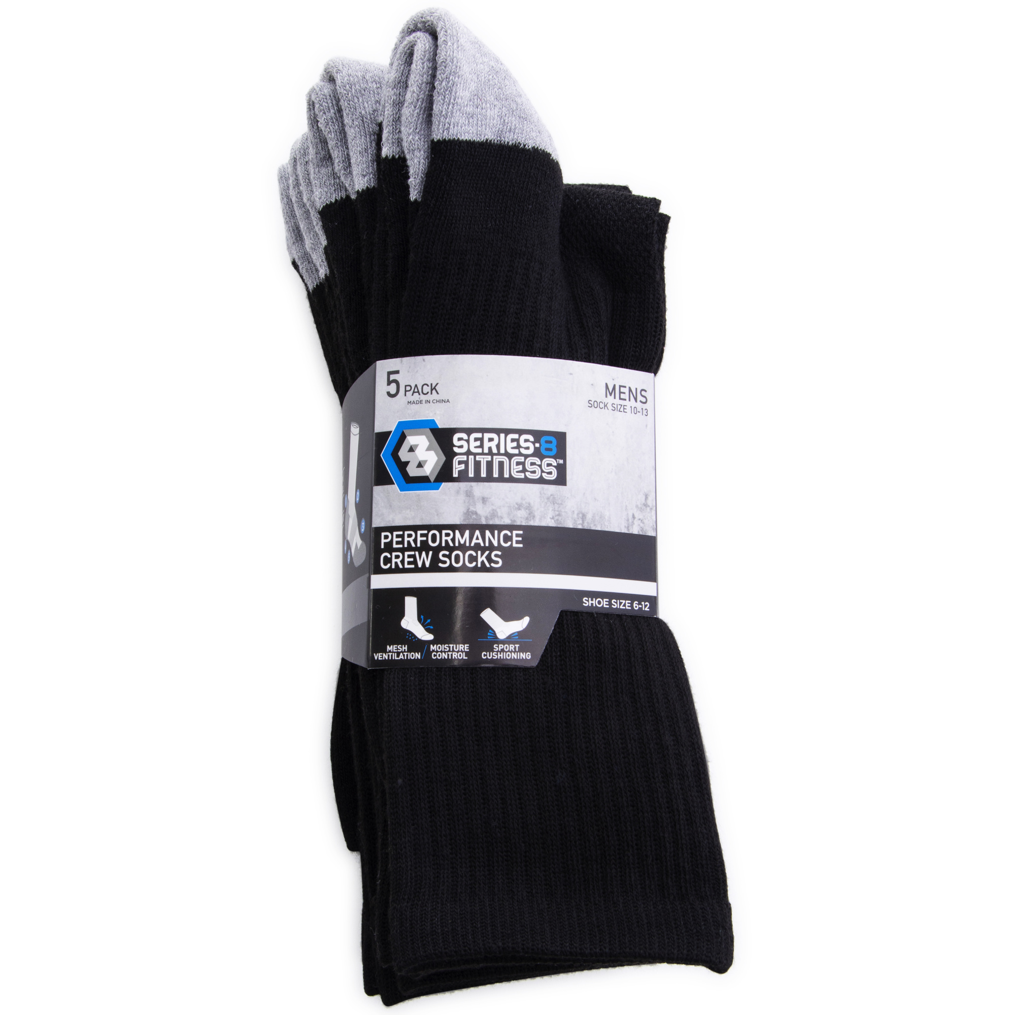 Series-8 Fitness™ Men's Performance Crew Socks Black 5-Pack