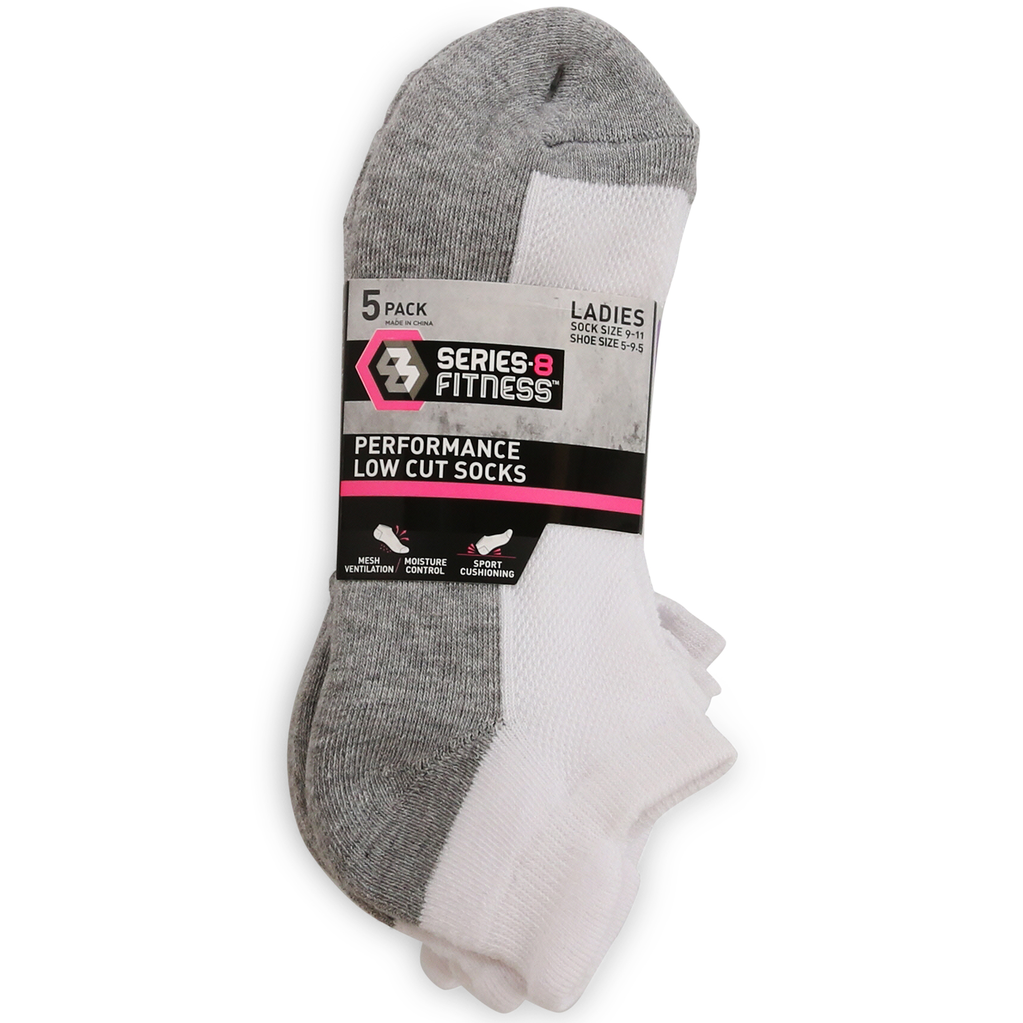 Series-8 Fitness™ Ladies Low-Cut Performance Ankle Socks 5-Pack, White