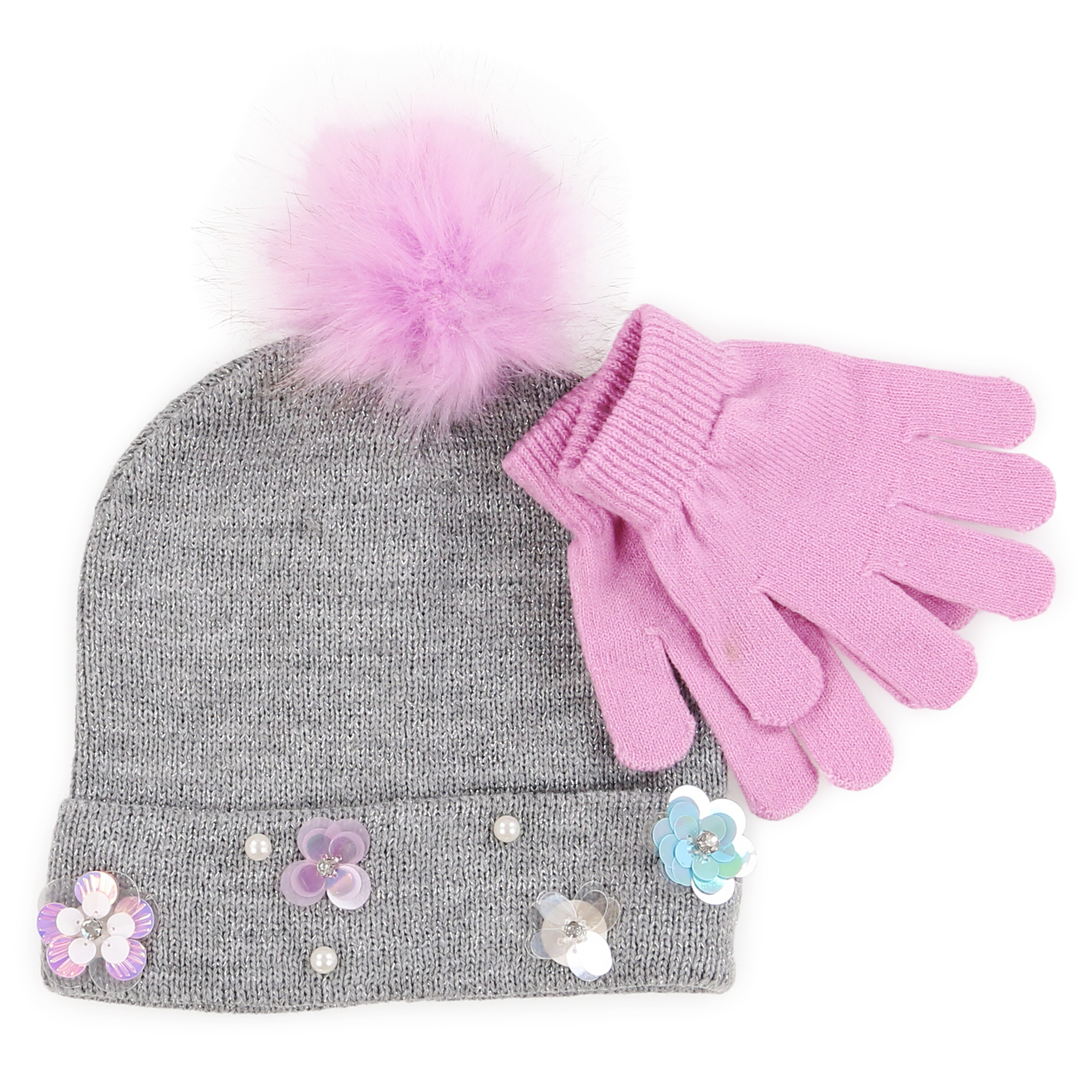 Sequin Beanie w/ Faux Fur Pom & Matching Gloves Set - Gray & Pink