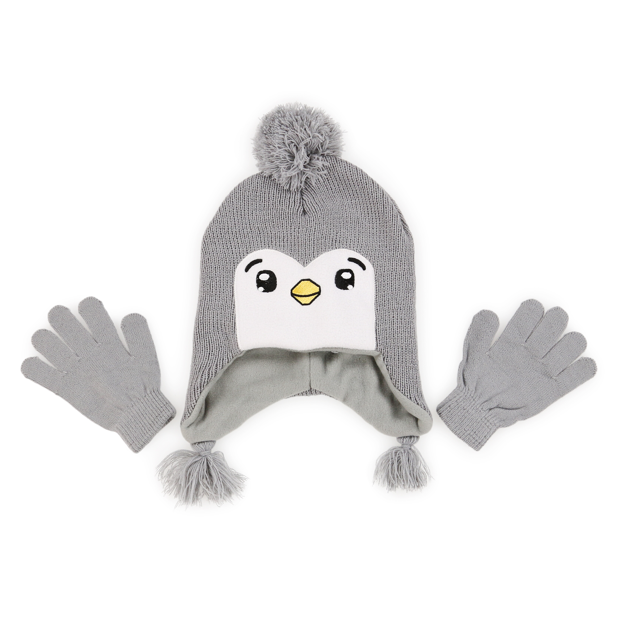 Kid's Penguin Beanie Hat w/ Ear Flaps & Matching Gloves Set