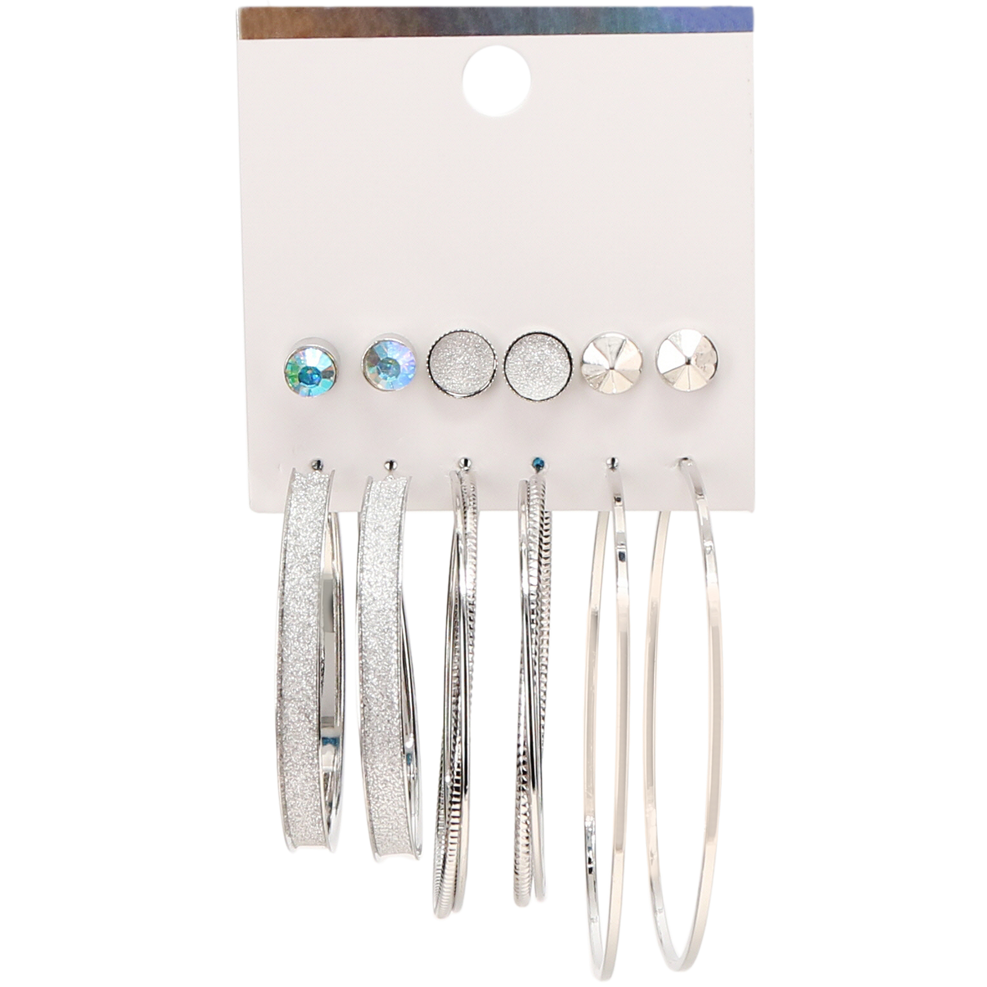 Glitter & Spikes Earrings 6-Pair Set w/ Studs & Silver Hoops