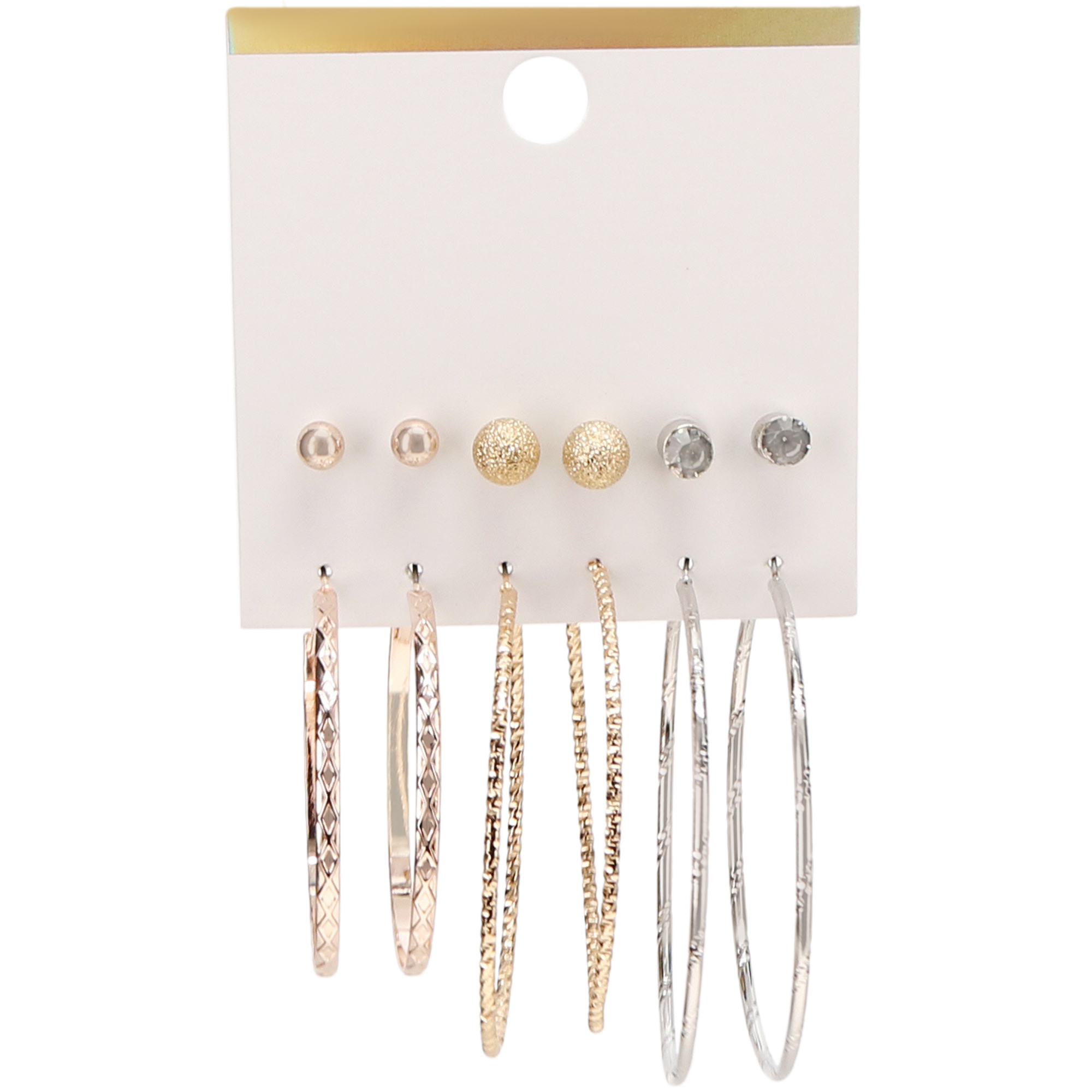 Gold & Silver Earrings 6-Pair Set w/ Studs & Hoops