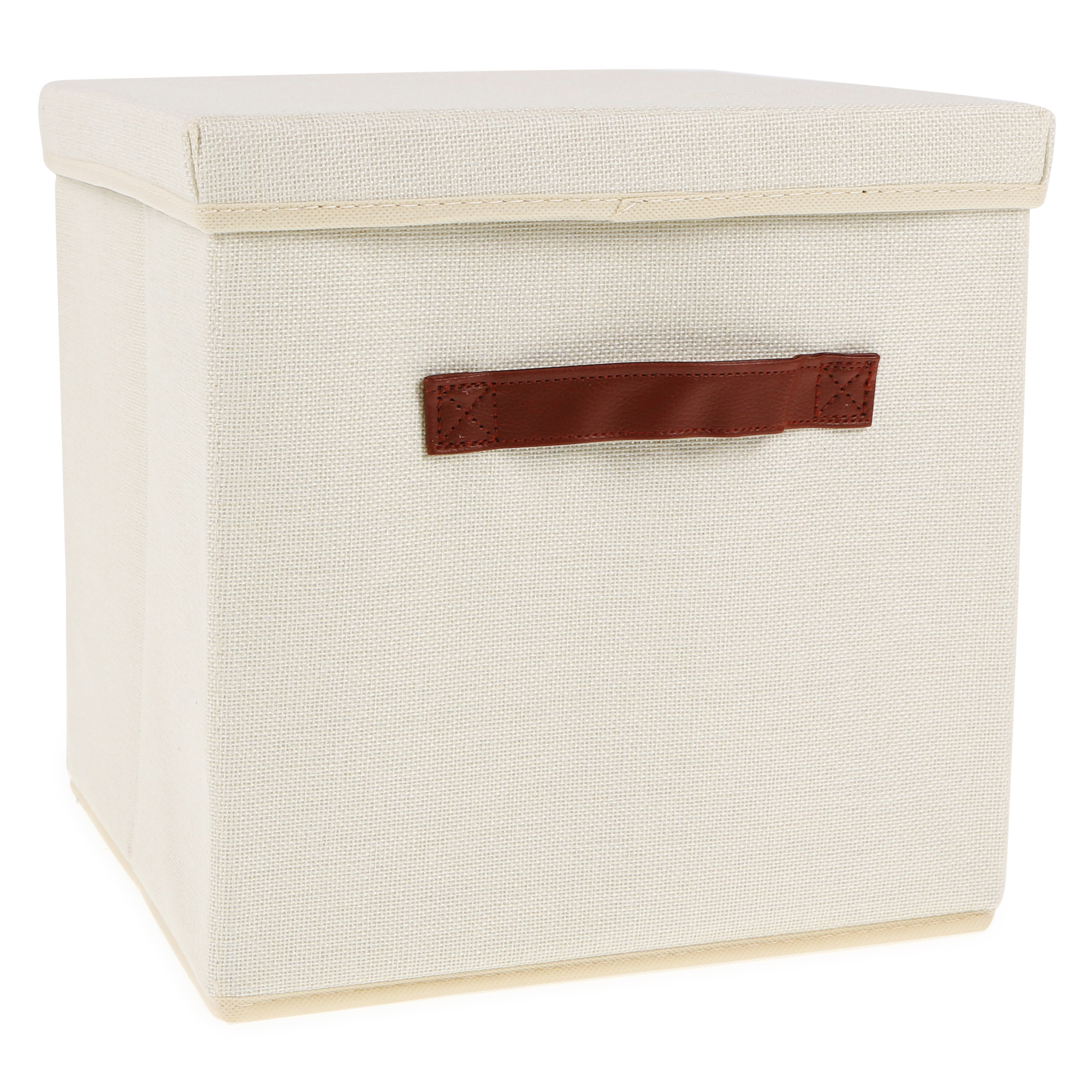 Collapsible Fabric Storage Cube w/ Lid & Faux Leather Handles