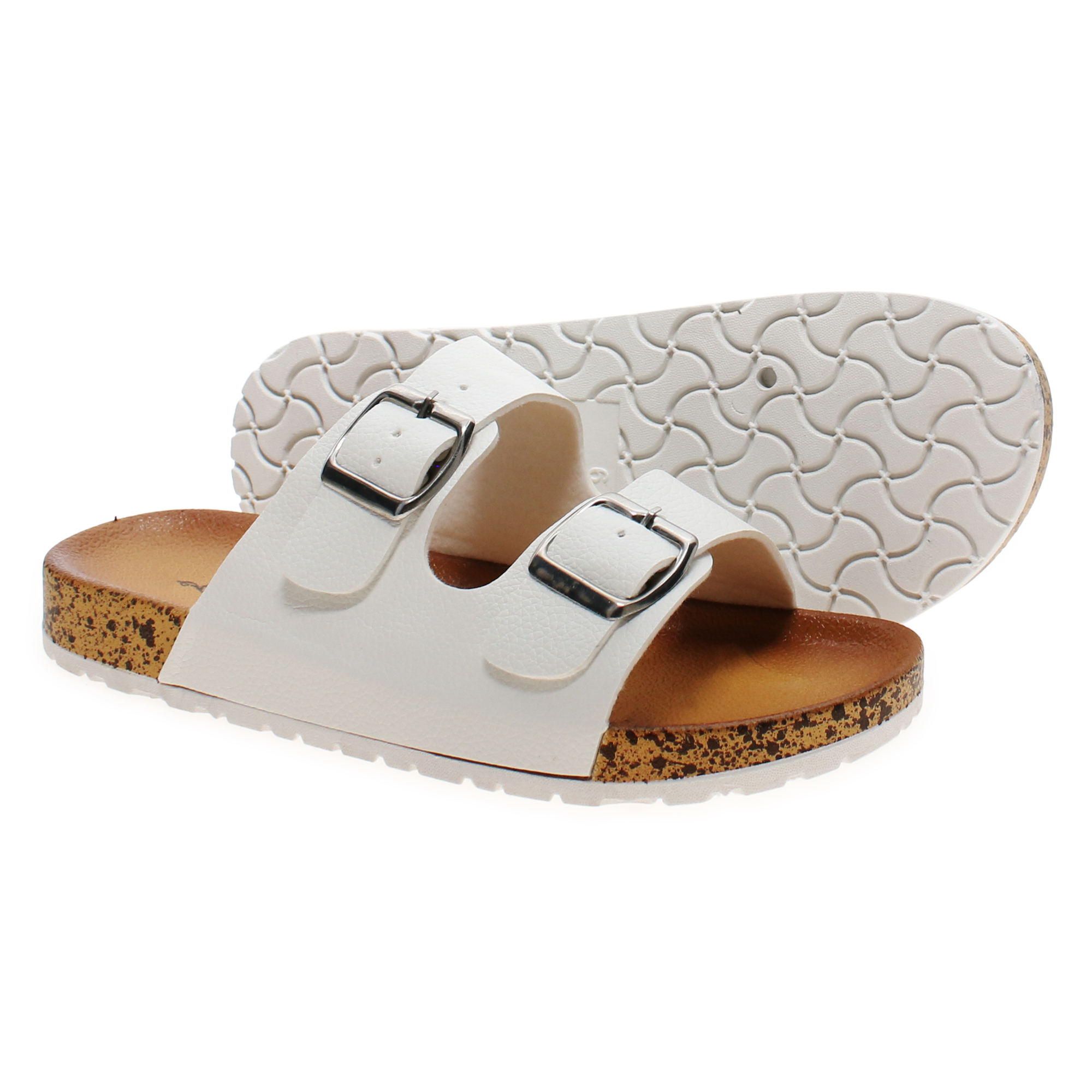 Ladies Faux Leather Double Buckle Sandals - White