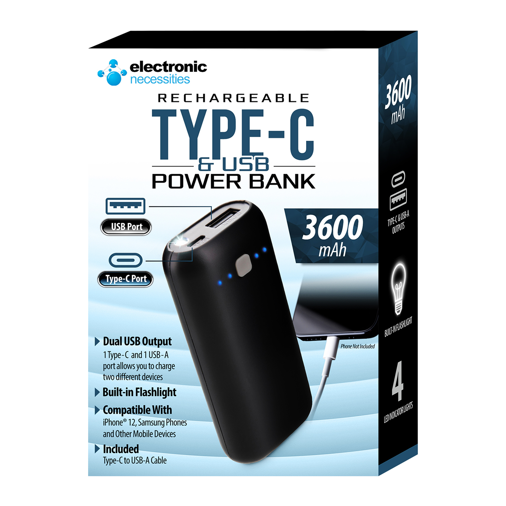 Dual Port USB & USB-C Power Bank 3600mAh With Flashlight