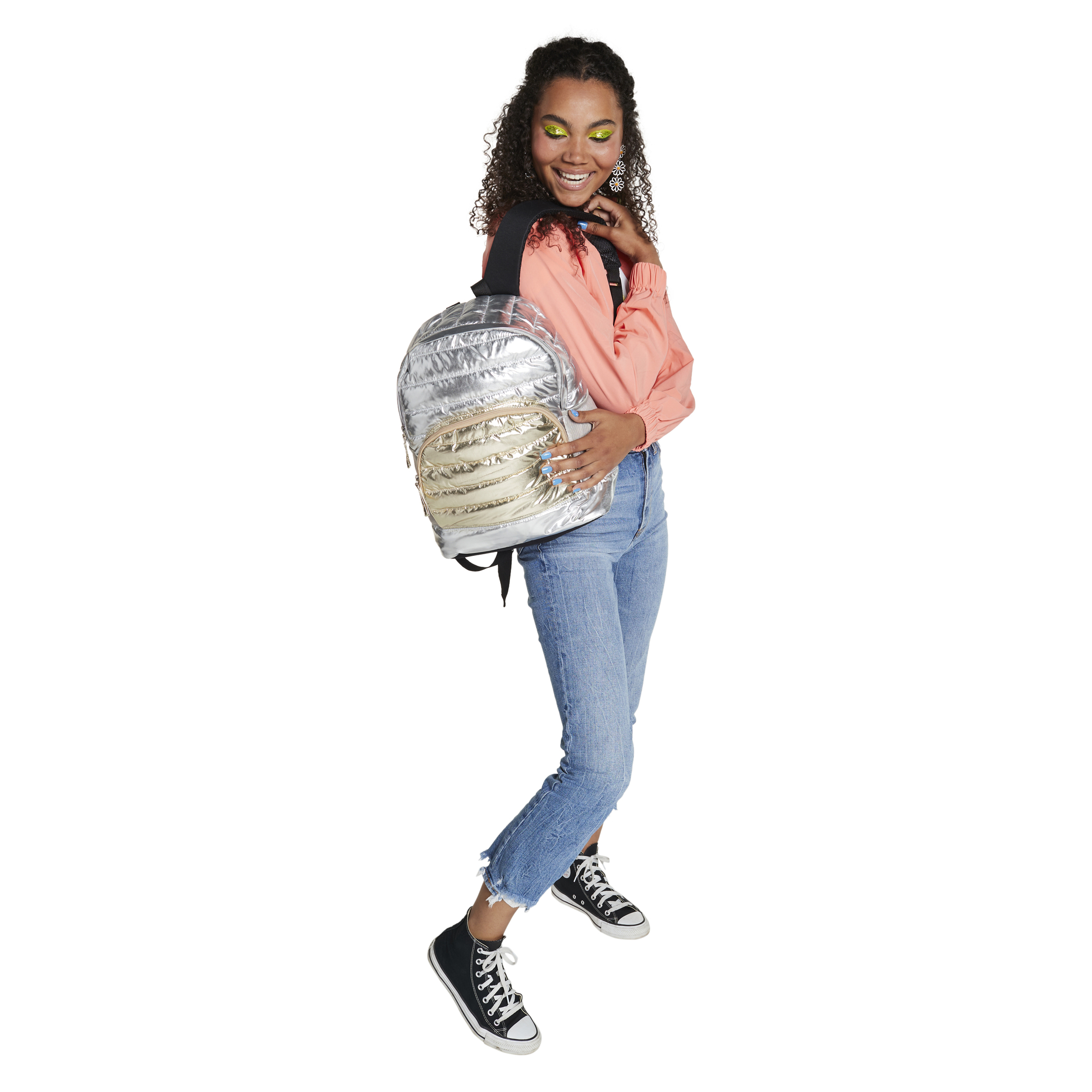 Color Block Metallic Quilted Backpack 15in