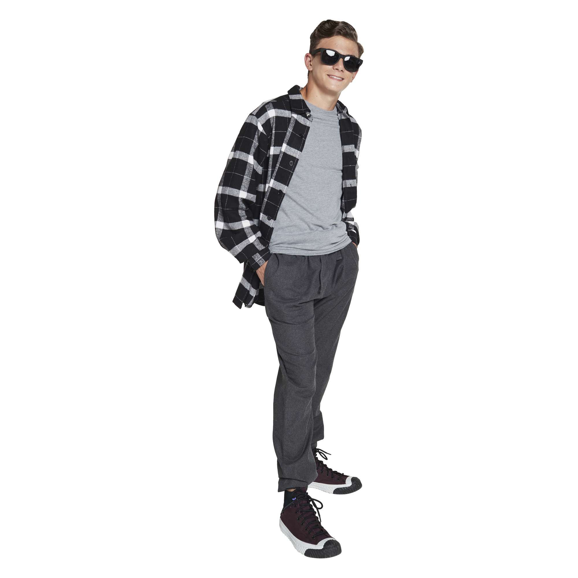 Young Men's Button-Down Flannel Shirt - Black & White Plaid
