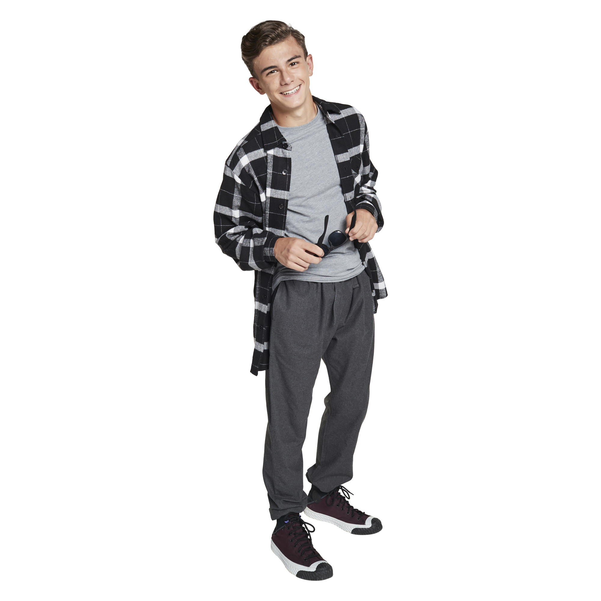 Young Men's Button-Down Flannel Shirt - Black & White Plaid