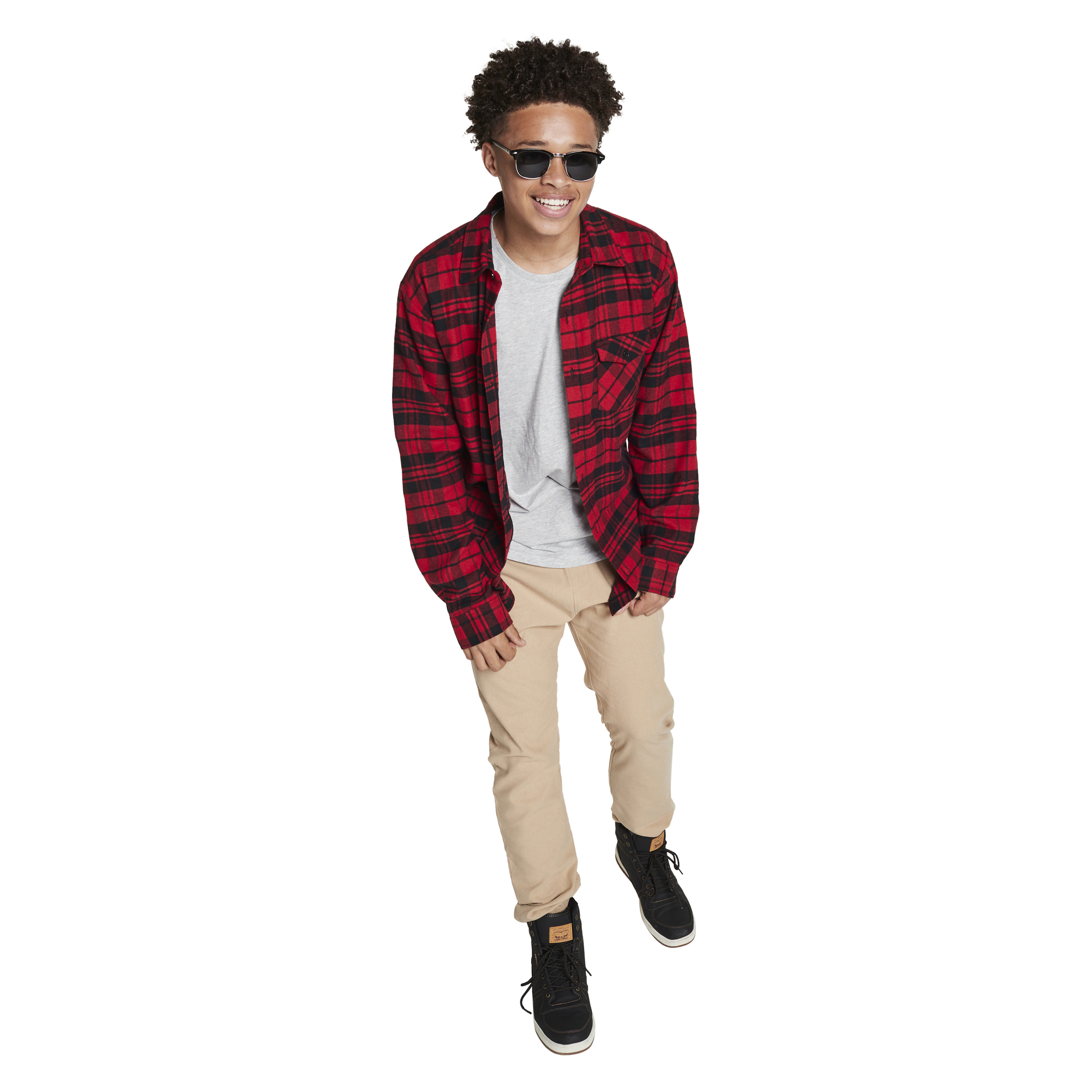 Young Men's Button-Down Flannel Shirt - Red & Black Plaid