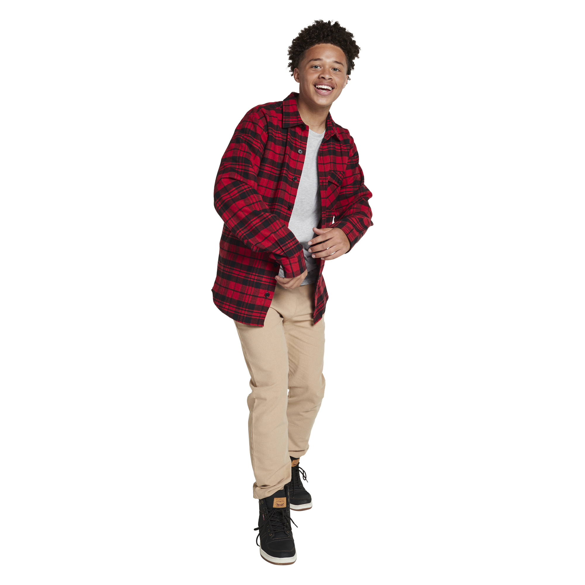 Young Men's Button-Down Flannel Shirt - Red & Black Plaid