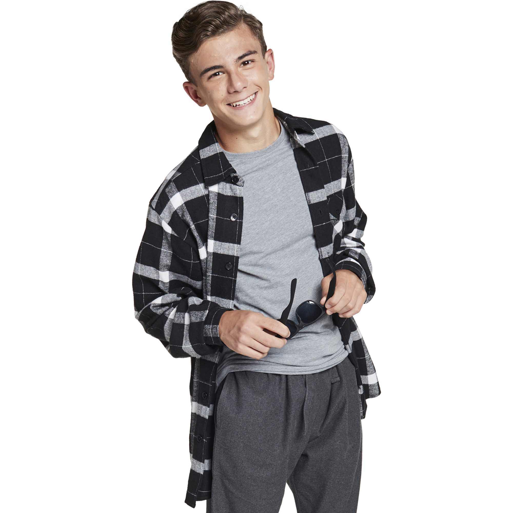 Young Men's Button-Down Flannel Shirt - Black & White Plaid