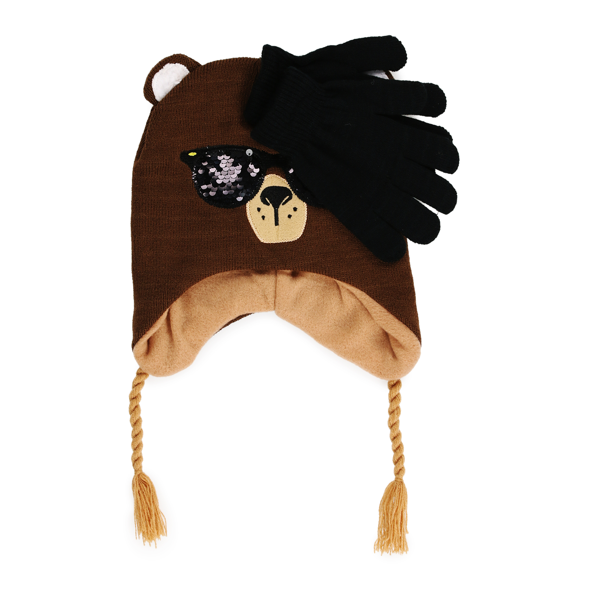 Kid's Winter Hat & Gloves Set - Bear w/ Sequin Sunglasses