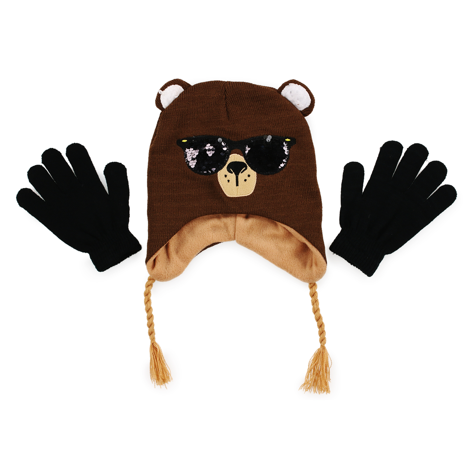 Kid's Winter Hat & Gloves Set - Bear w/ Sequin Sunglasses