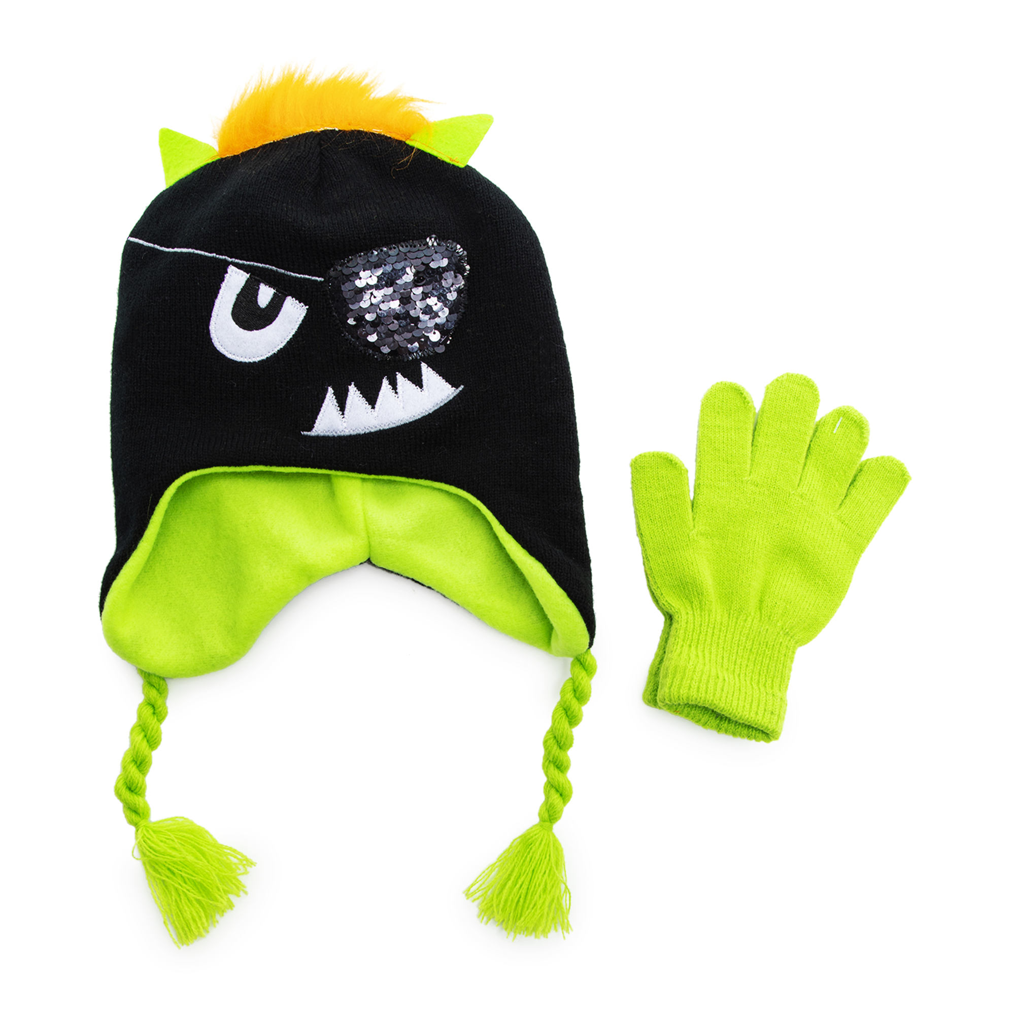 Kid's Winter Hat & Gloves Set - Monster w/ Sequin Eye Patch