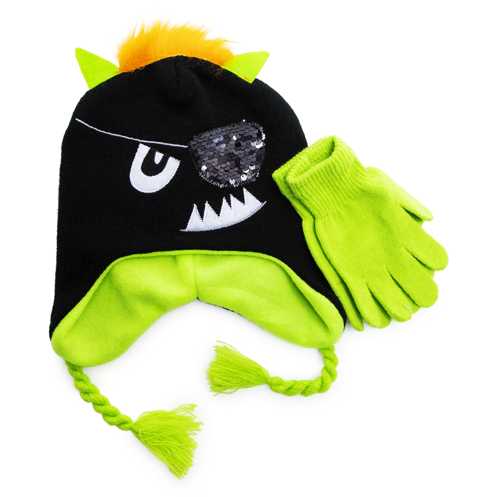 Kid's Winter Hat & Gloves Set - Monster w/ Sequin Eye Patch