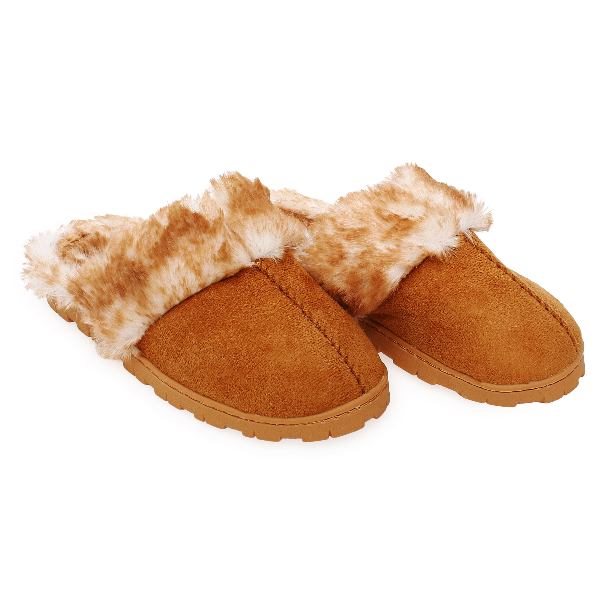 Lug Sole Faux Fur Scuff Slippers - Chestnut Brown