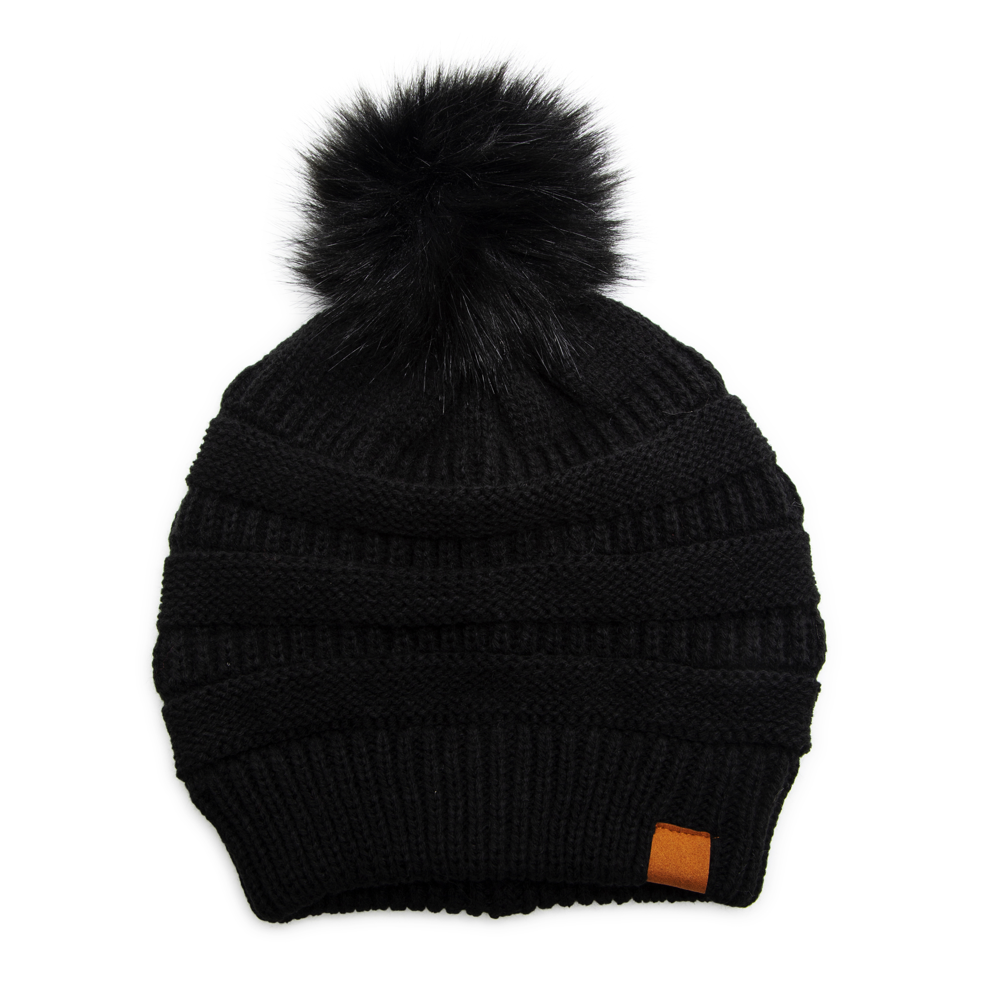 Ruched Knit Beanie With Faux Fur Pom