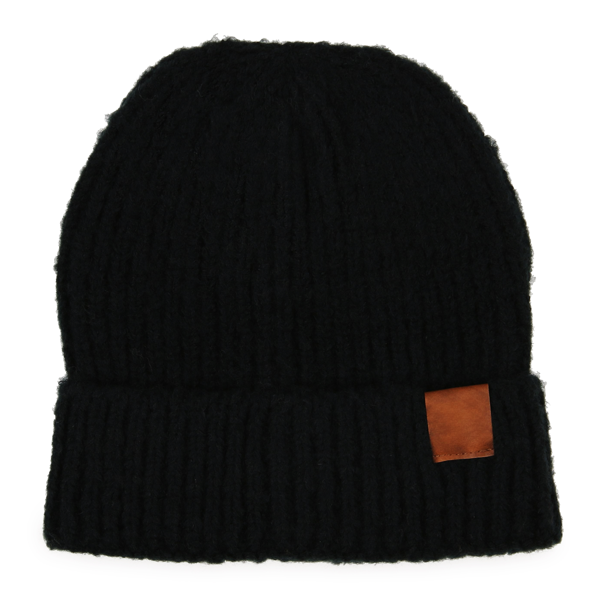 Brushed Rib Knit Beanie Hat With Corner Patch