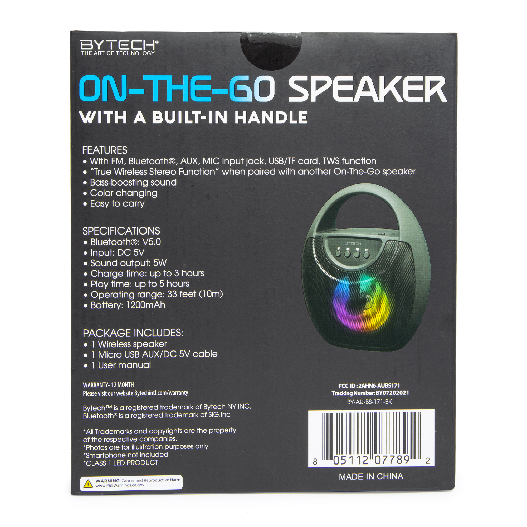 Top Handle On-The-Go Portable Speaker w/ Bluetooth®, Fm Radio, Mic, LED Lights