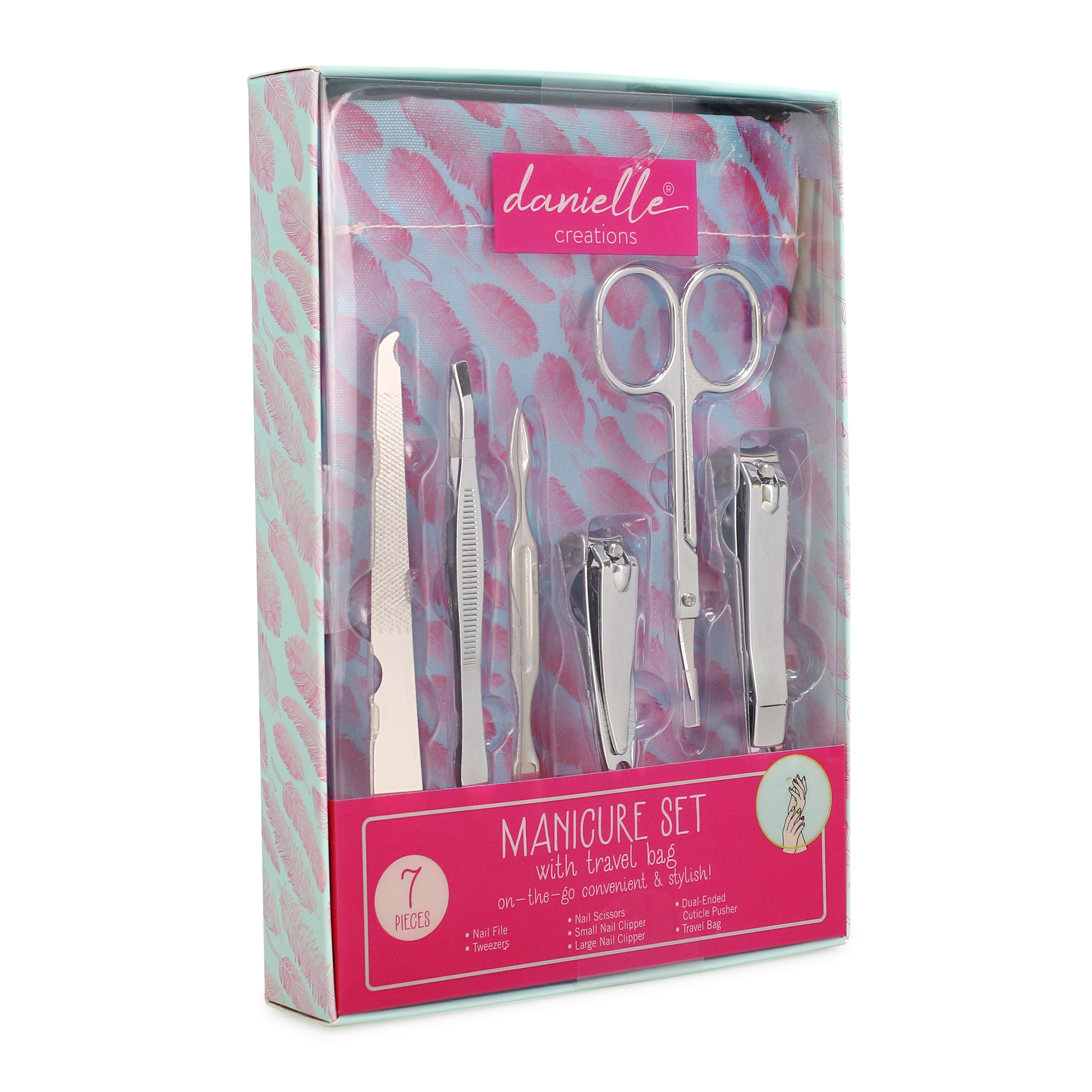 Manicure Set With Travel Bag - Pink Feathers