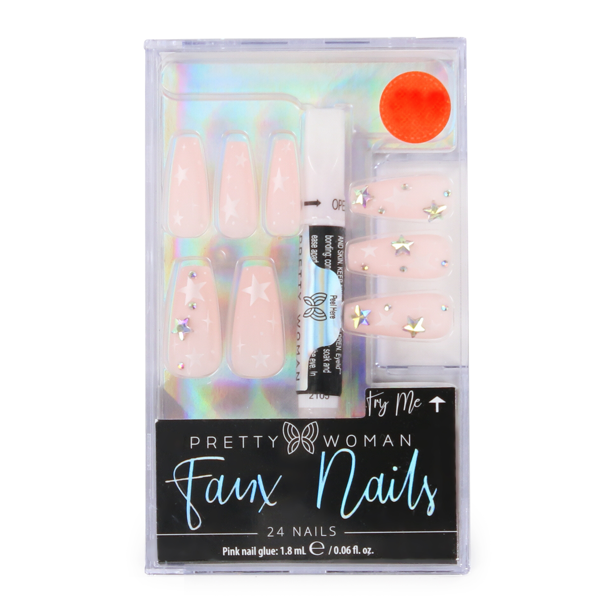 Pretty Woman Faux Nails Set - Pink With Silver Stars