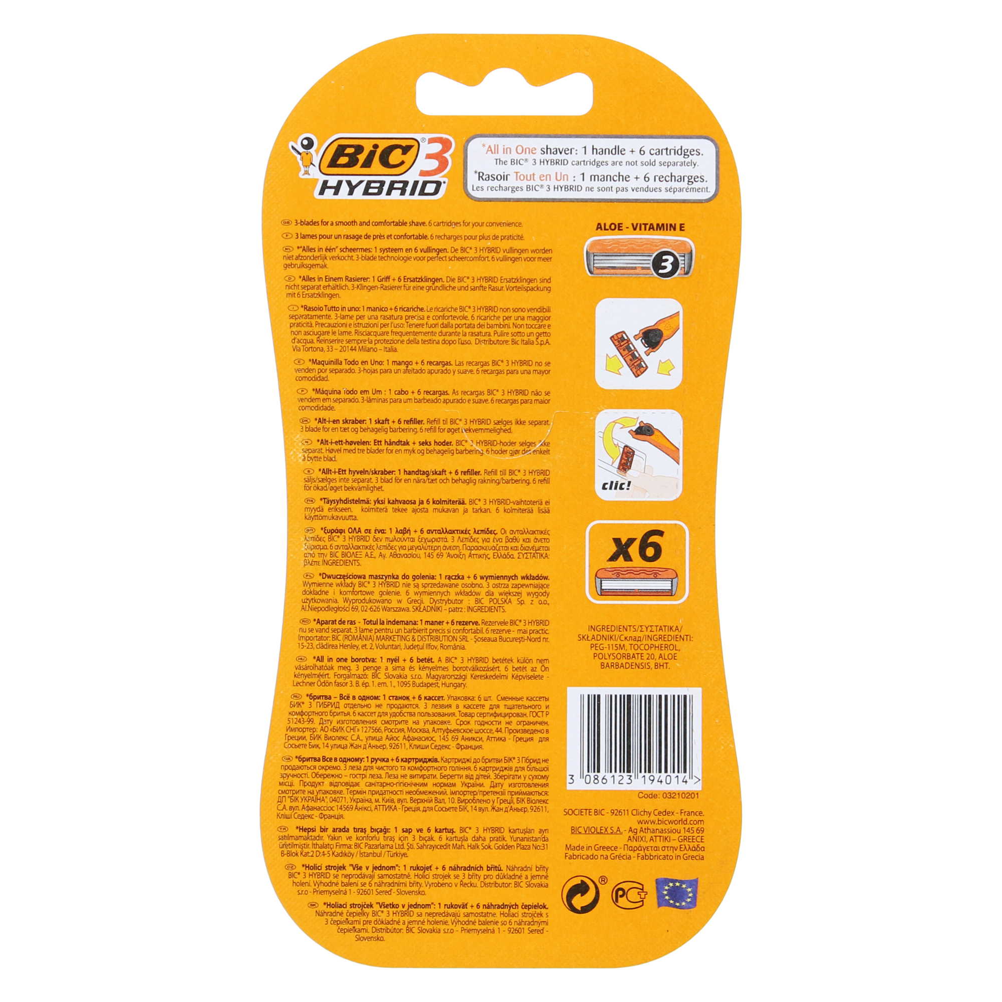 Bic® 3 Hybrid® Razor Handle & 6 Refill Blades