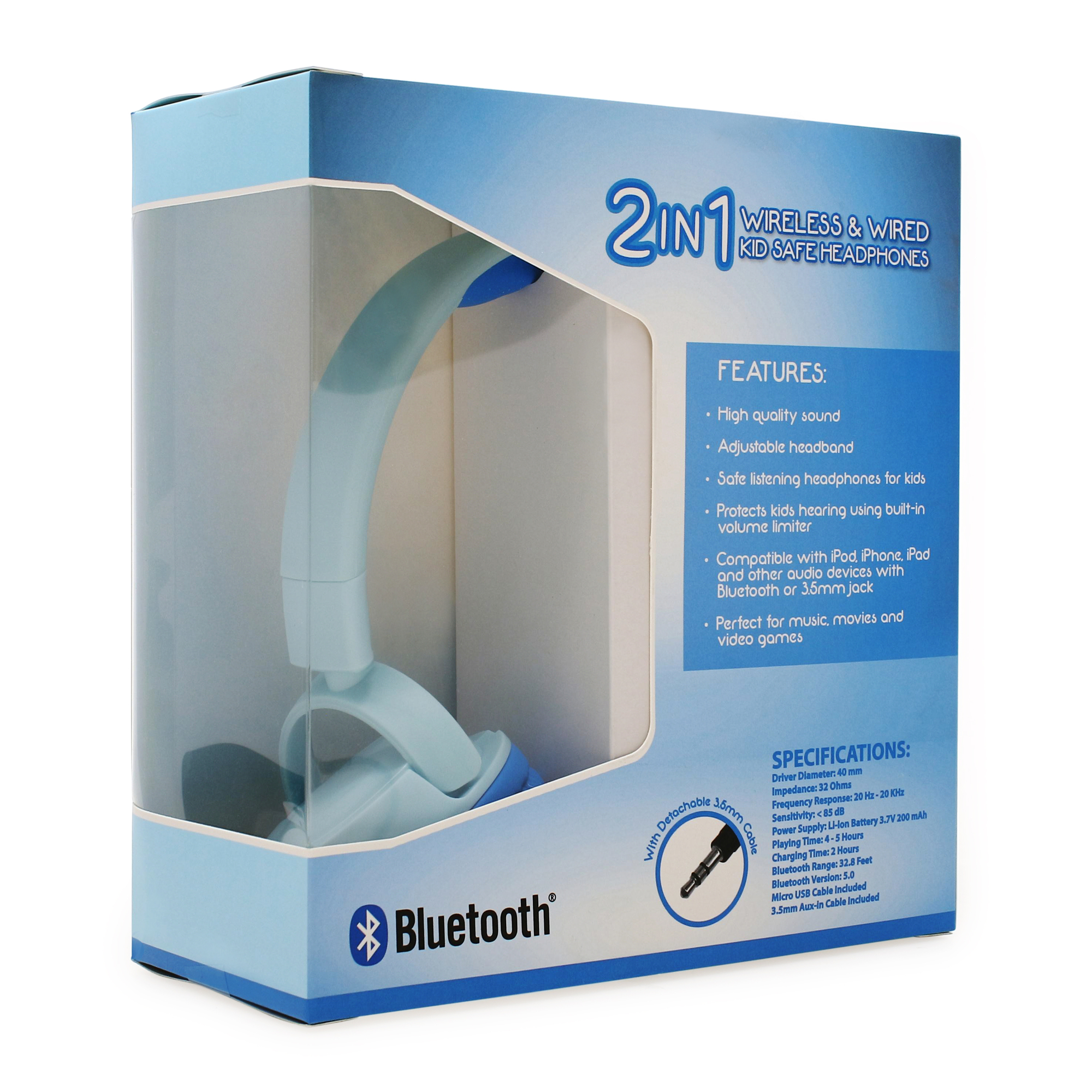 2 in 1 Wireless & Wired Kid-Safe Headphones - Blue