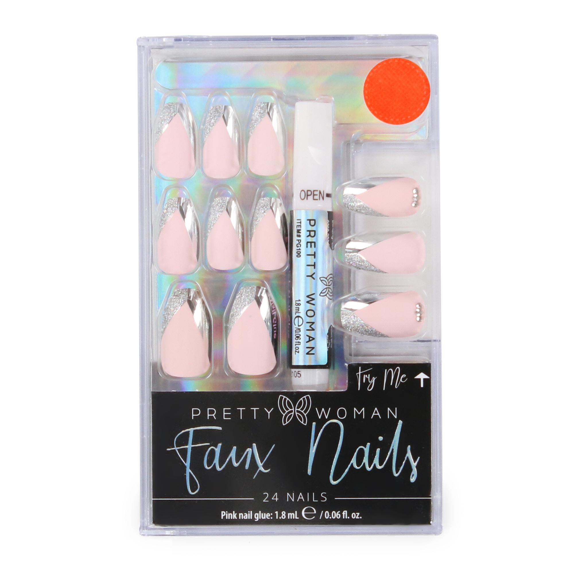 Pretty Woman Faux Nails 24-Piece Set With Nail Glue - Pink With Silver Tips
