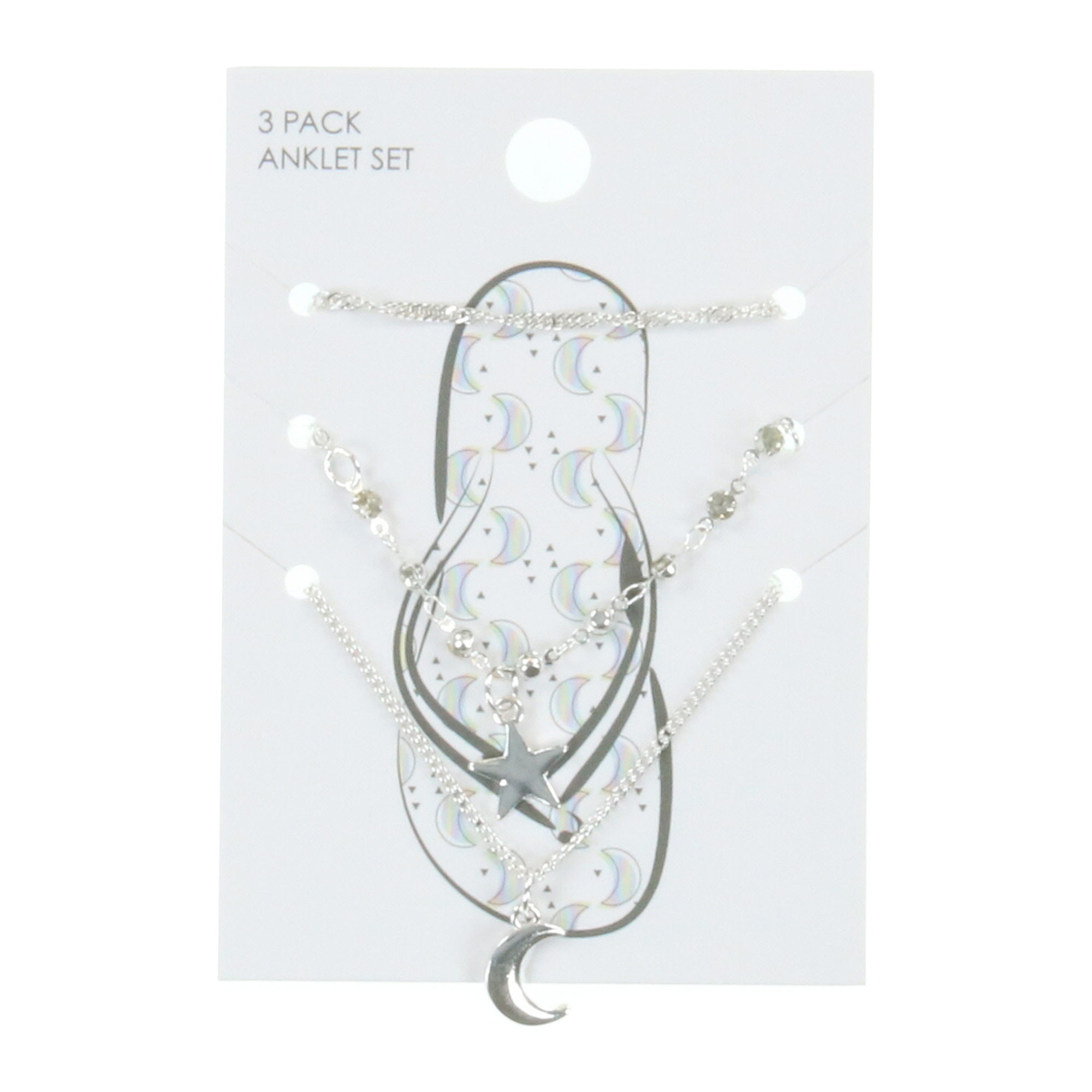Moon & Star Silver Anklets Set 3-Count