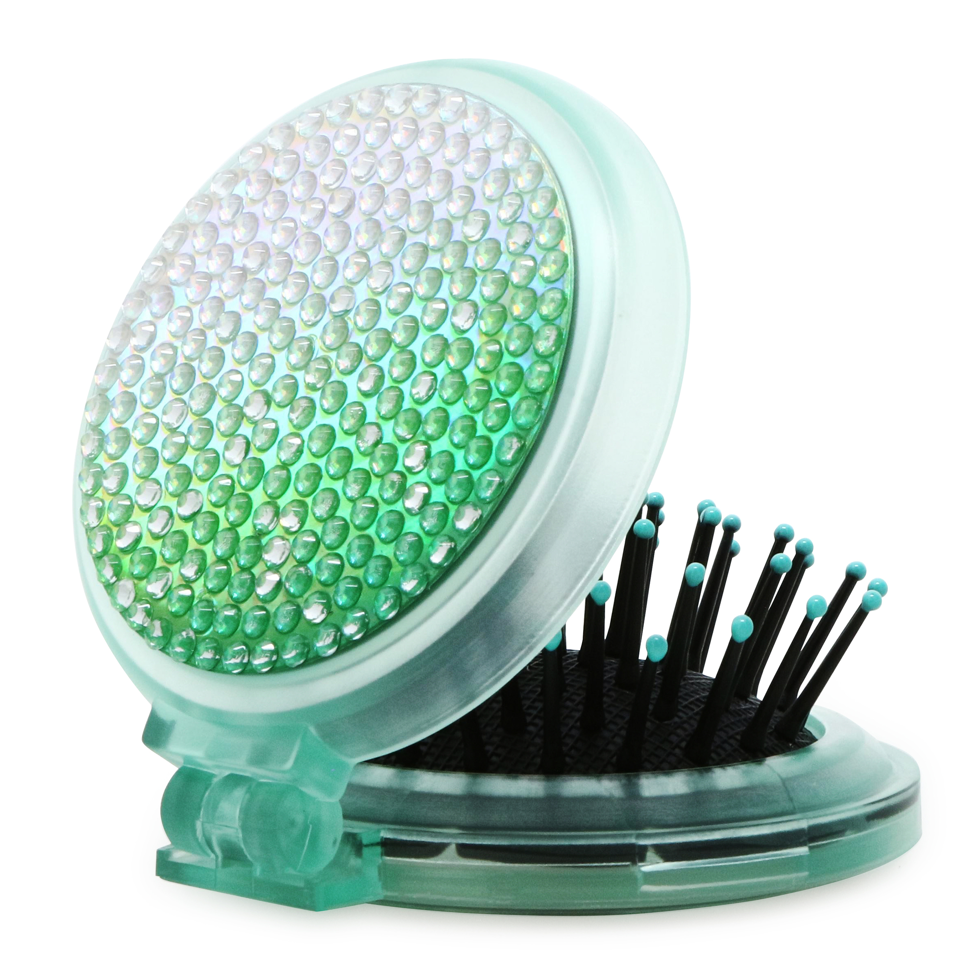 Rhinestone Pop-Up Travel Hair Brush With Mirror