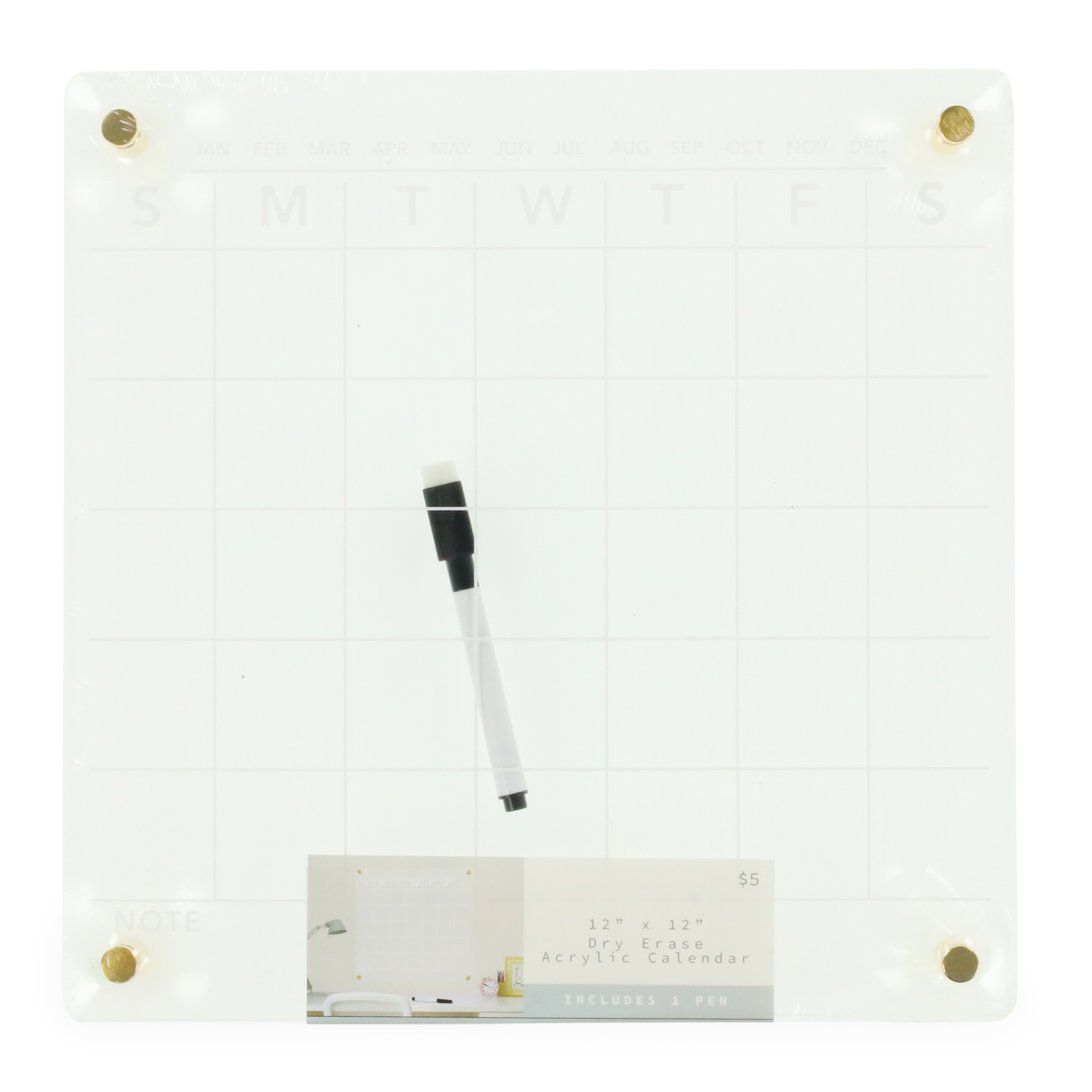 Clear Acrylic Dry Erase Wall Calendar 12in x 12in