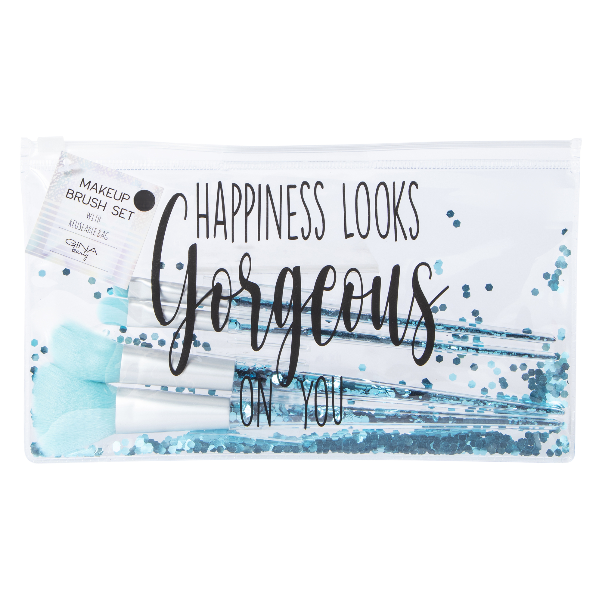 4-Piece Blue Makeup Brush & Glitter Travel Pouch Set