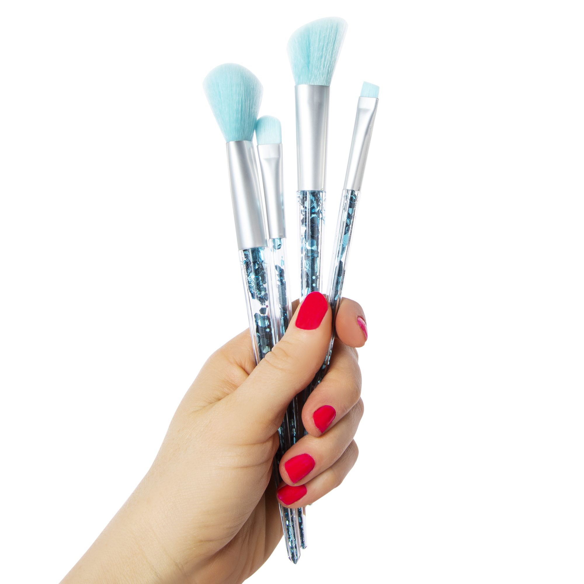 4-Piece Blue Makeup Brush & Glitter Travel Pouch Set