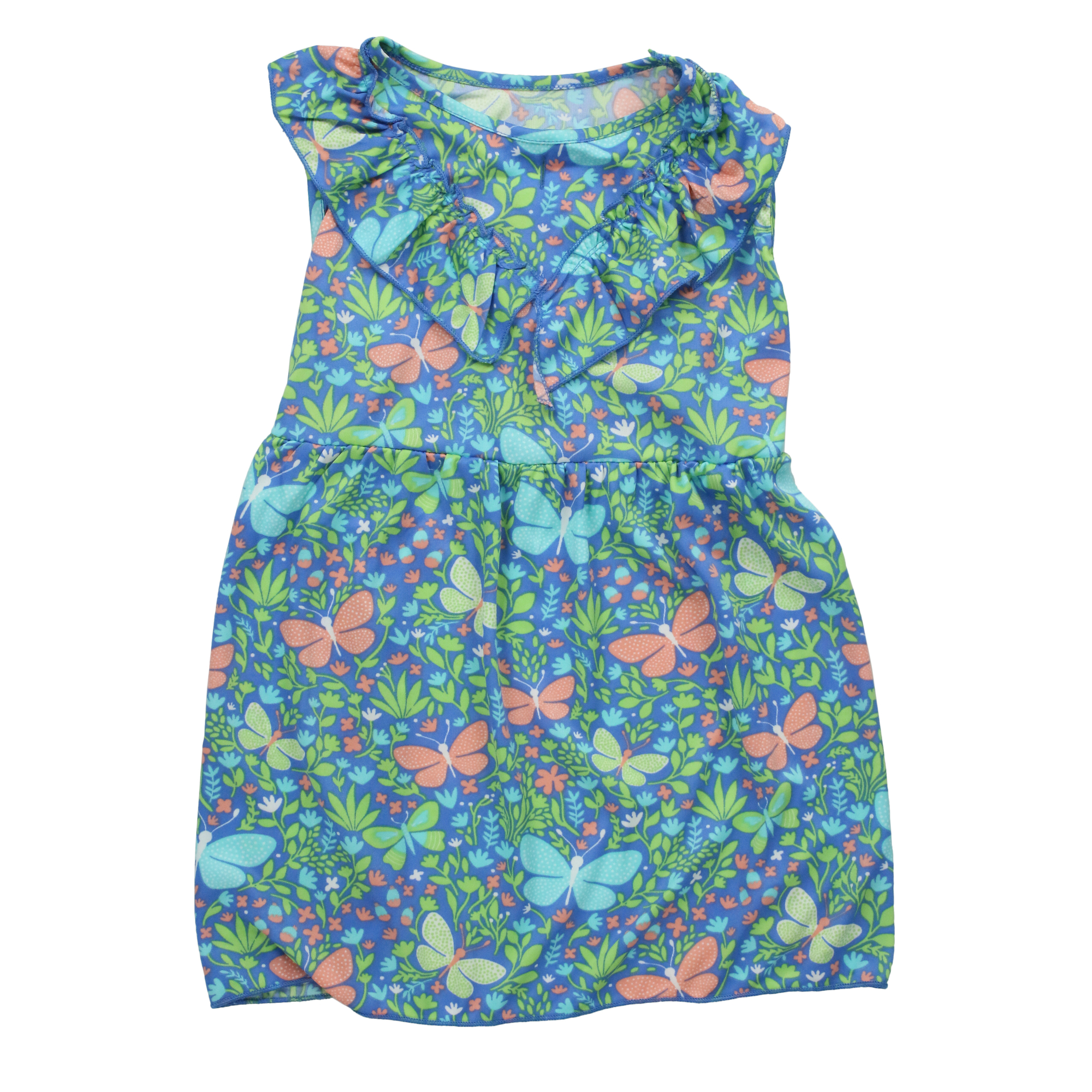 Blue Butterfly Print Dog Dress With Ruffle