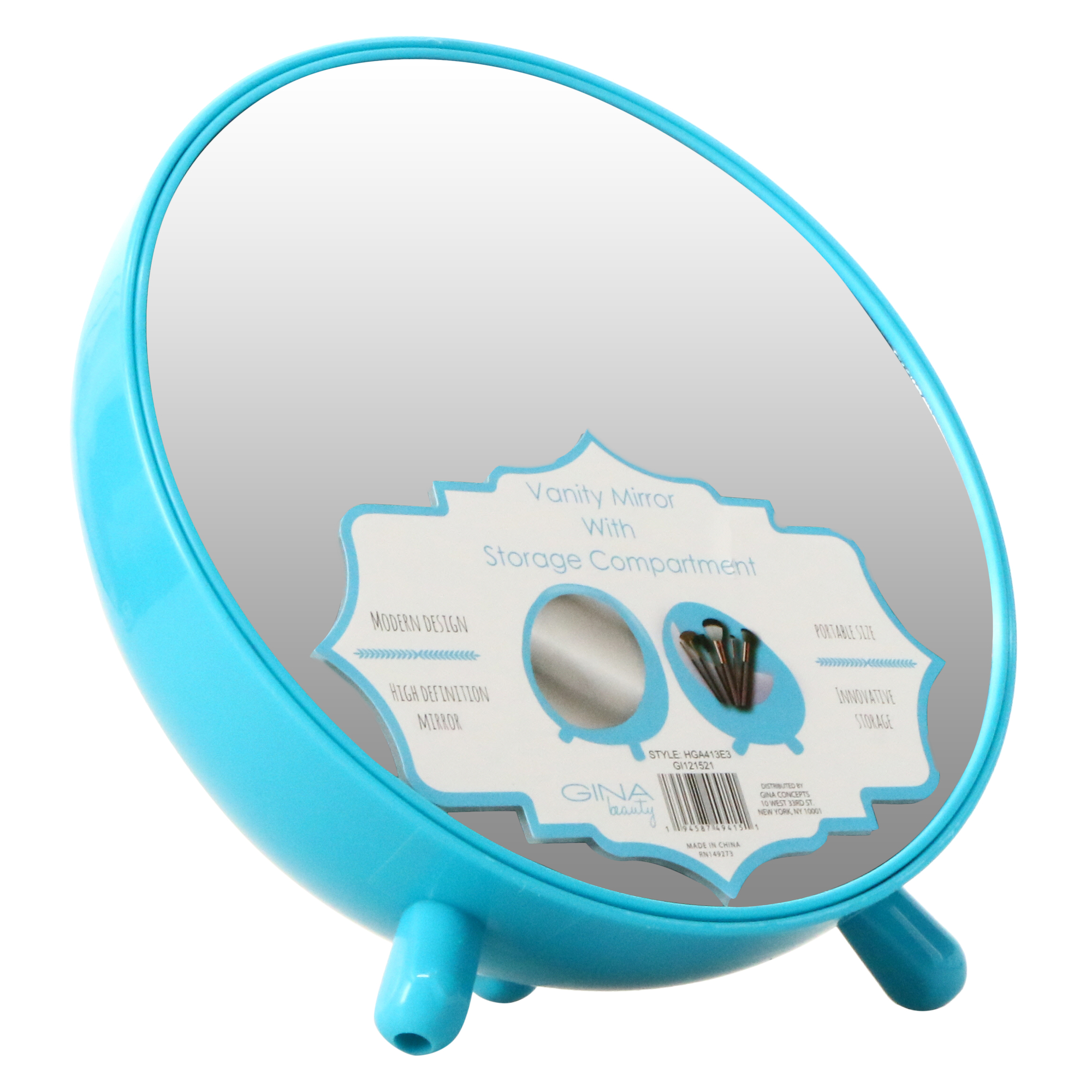 Round Gray Vanity Mirror w/ Makeup Brush Storage 7in