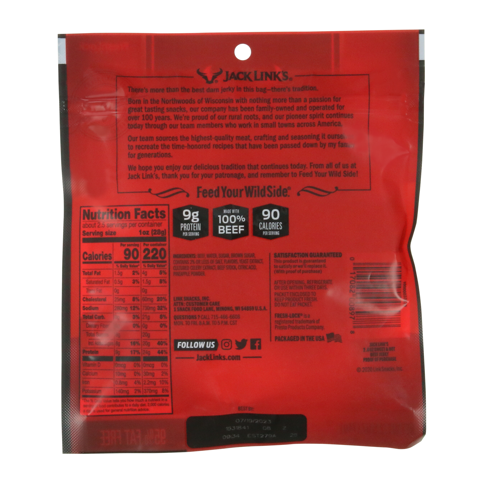 Jack Link’S® Sweet & Hot Beef Jerky 2.6oz Resealable Bag