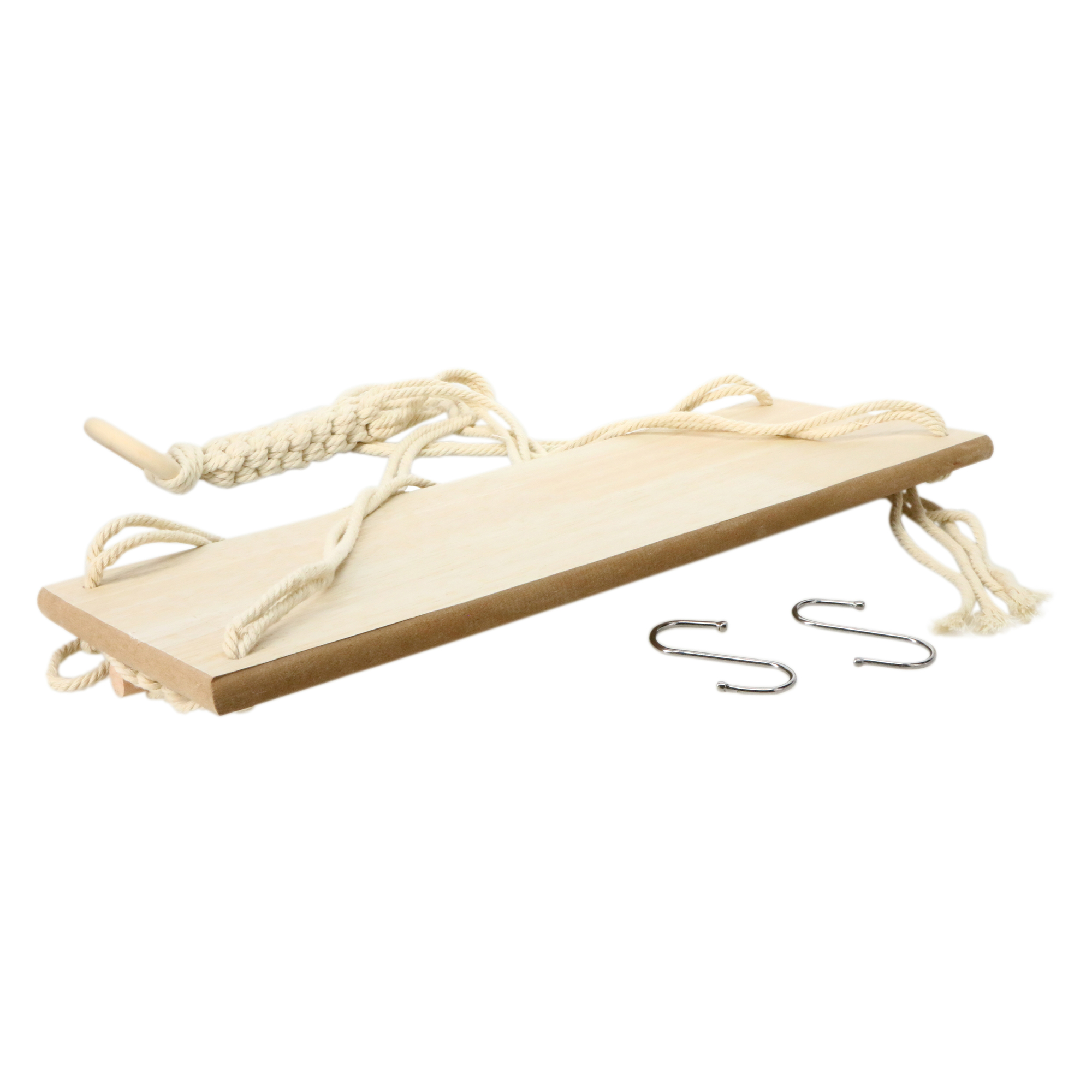 Macrame Wooden Floating Shelf With Hooks 15.6in x 32.25in