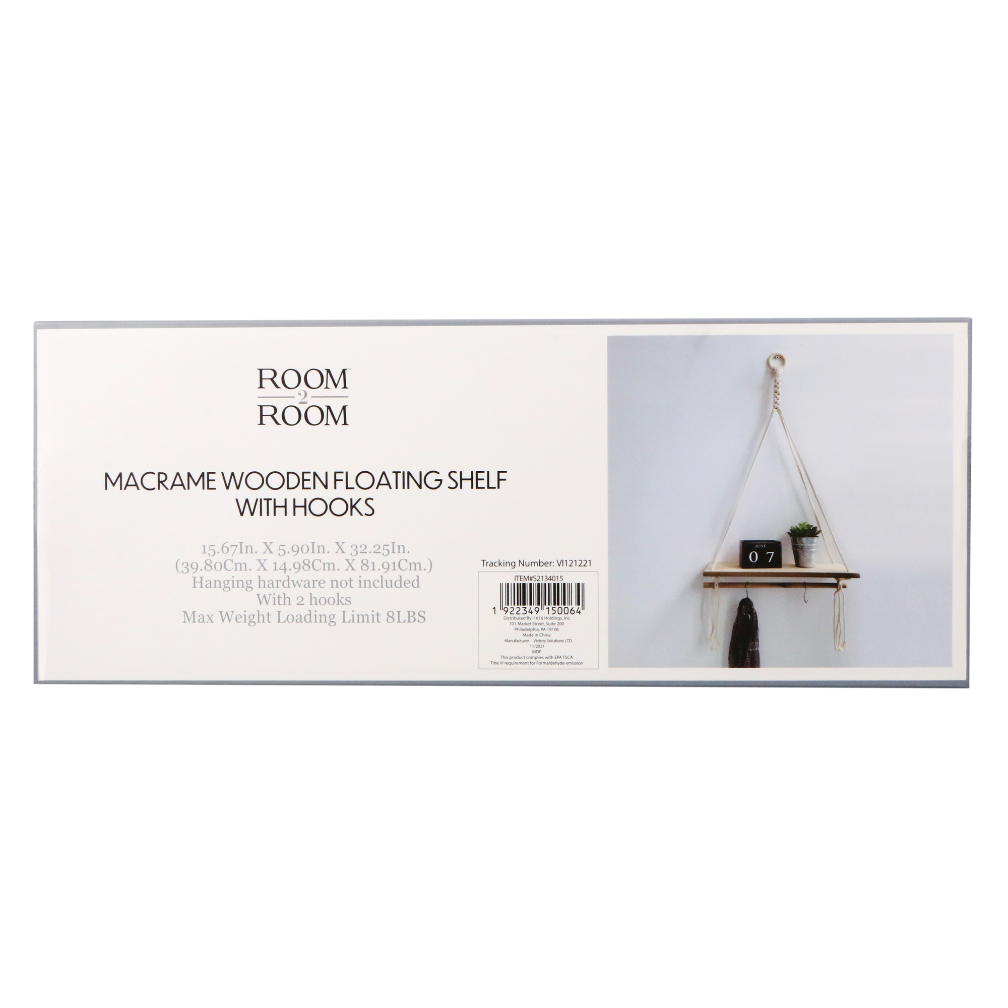 Macrame Wooden Floating Shelf With Hooks 15.6in x 32.25in