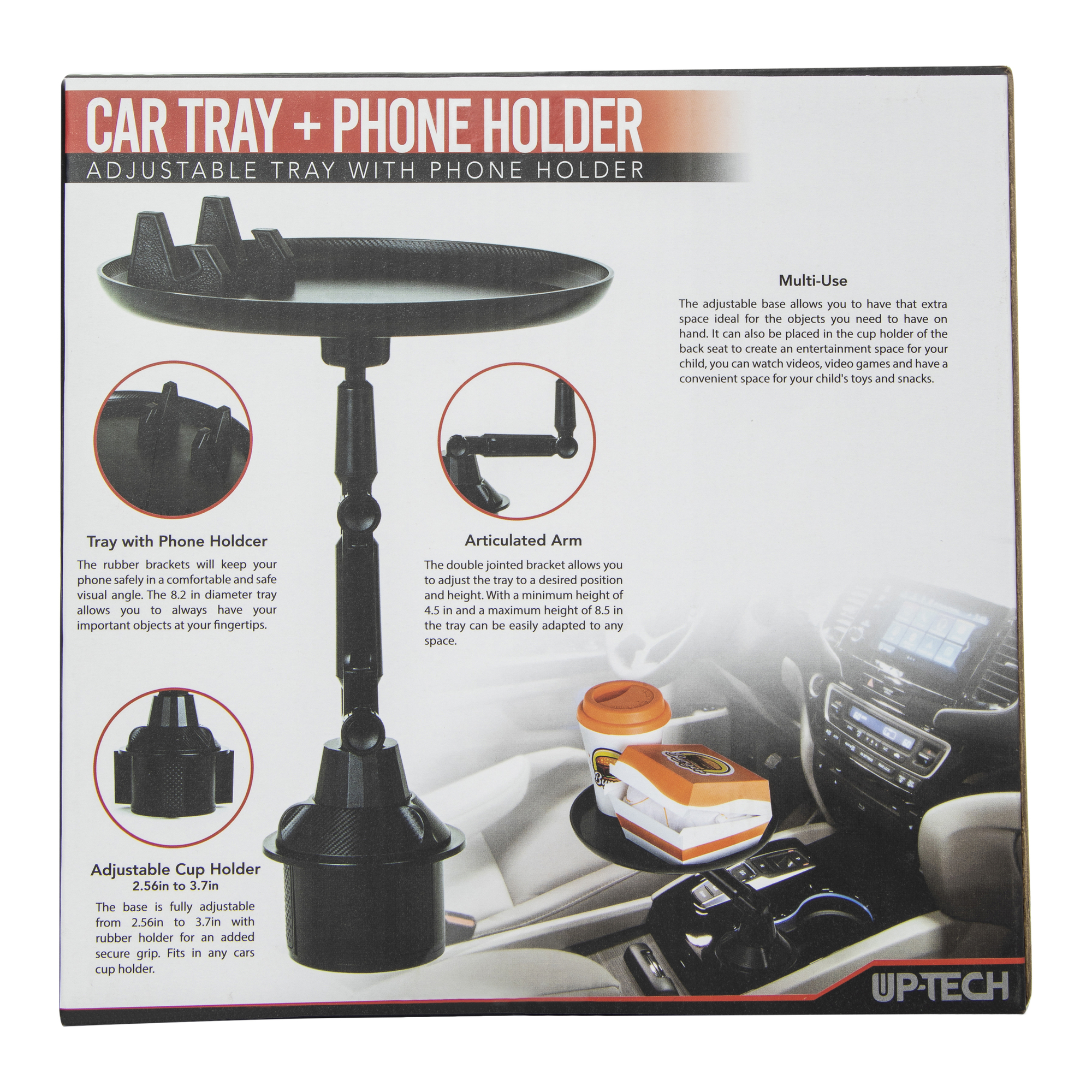 Adjustable Car Tray + Phone Holder For Car Cup Holder