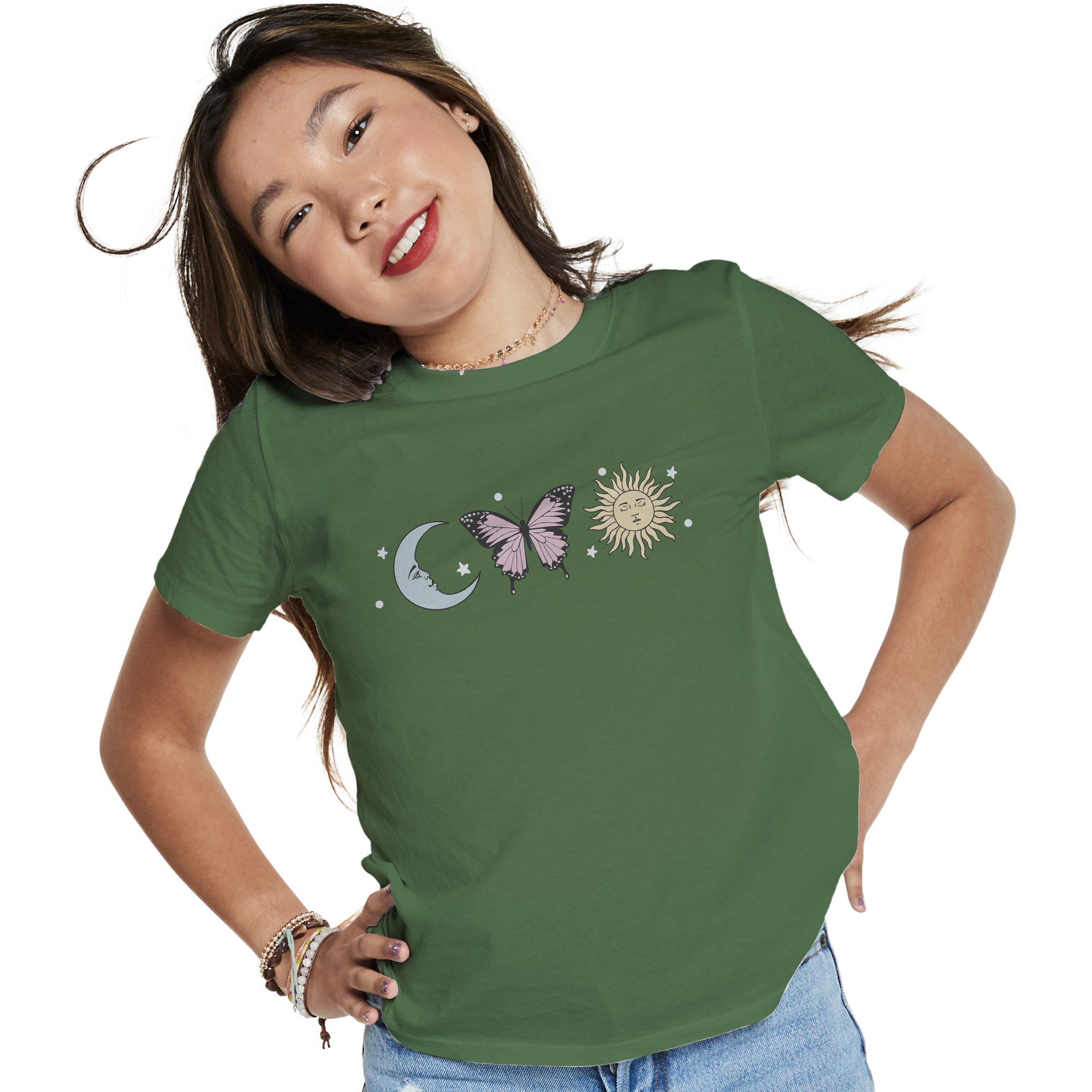 Juniors Celestial Butterfly Cropped Graphic Tee