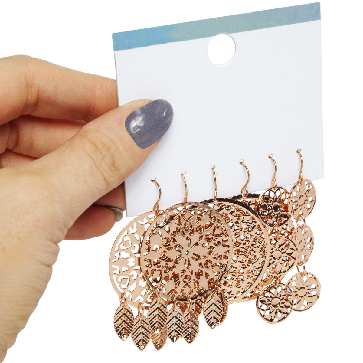 Rose Gold Mandala Dangle Earrings Set, 3 Pairs