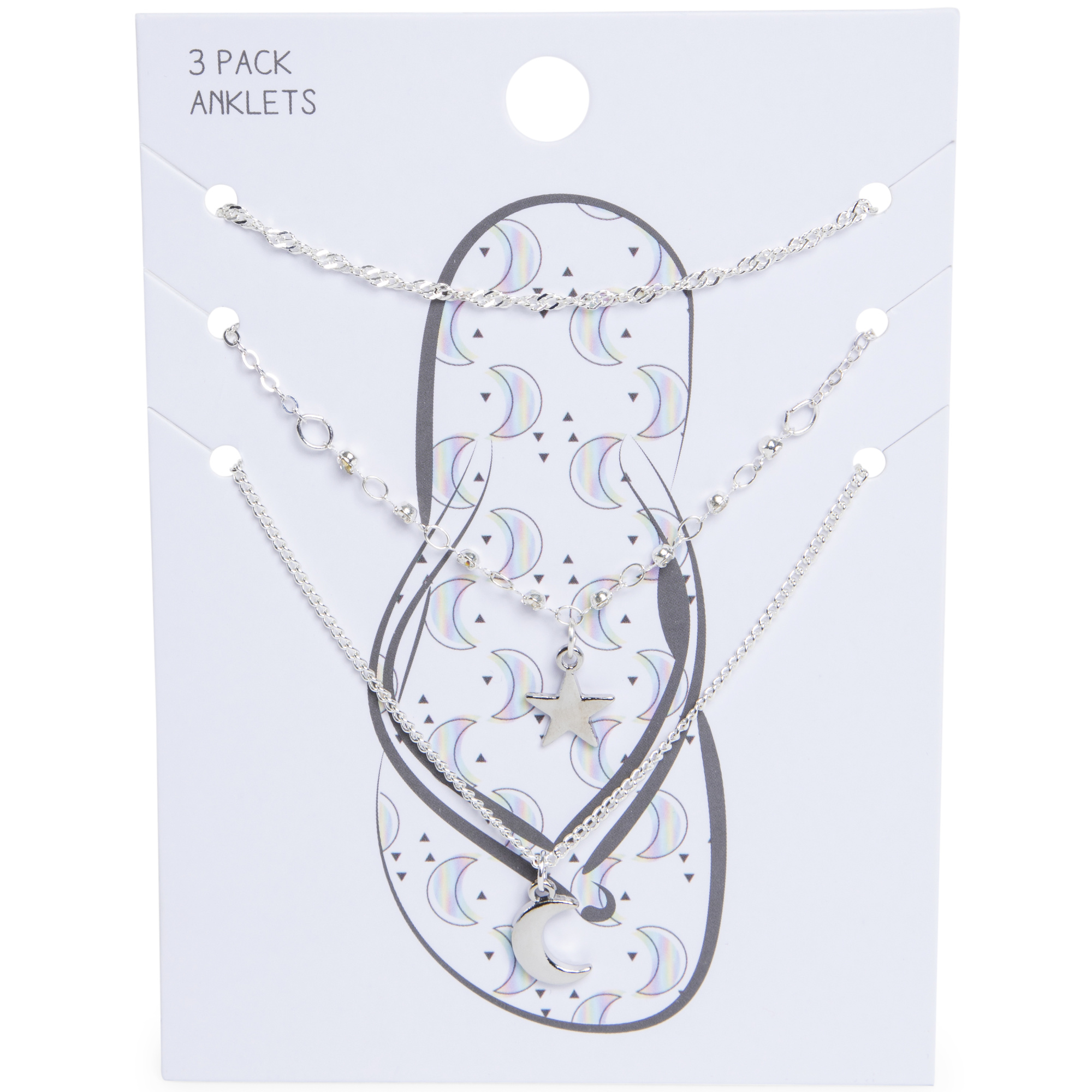 Silver Moon & Star Anklets 3-Piece Set