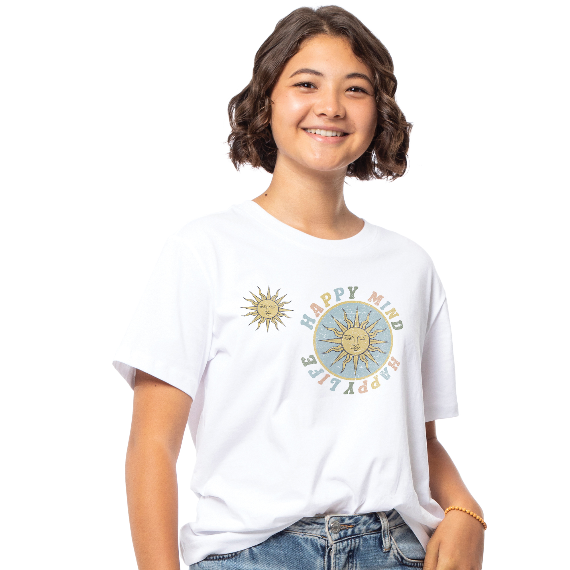 Juniors Celestial 'Happy Mind, Happy Life' Cropped Graphic Tee