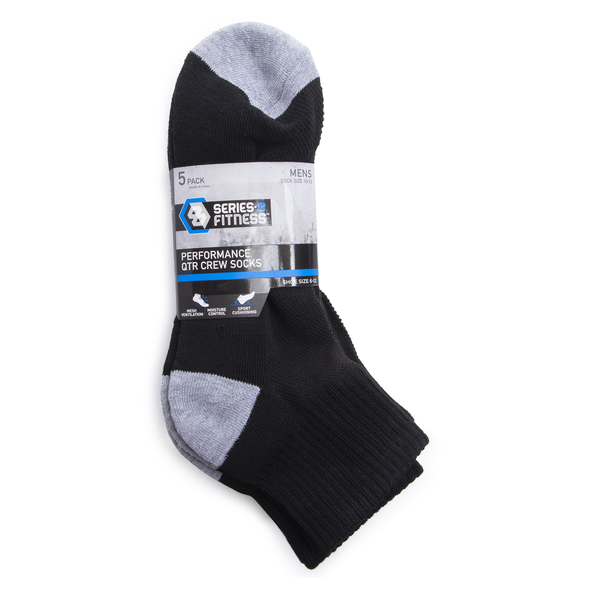 Series-8 Fitness™ Men's Performance Quarter Crew Socks 5-Pack - Black