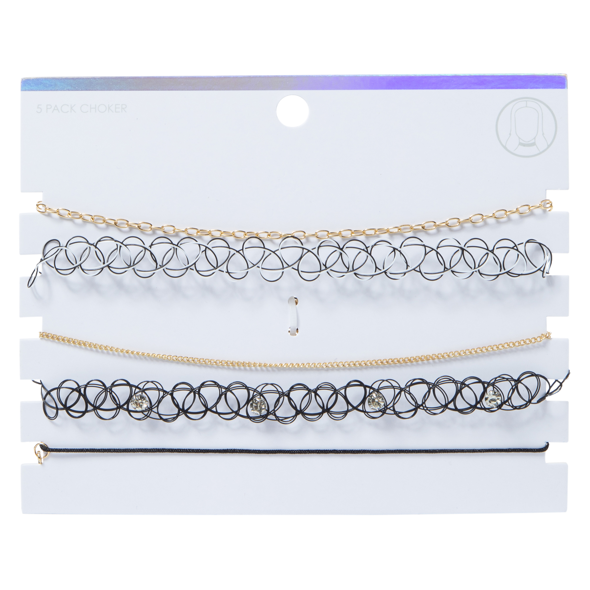 Gold Chain & Black Tattoo Choker Necklaces Set, 5-Piece