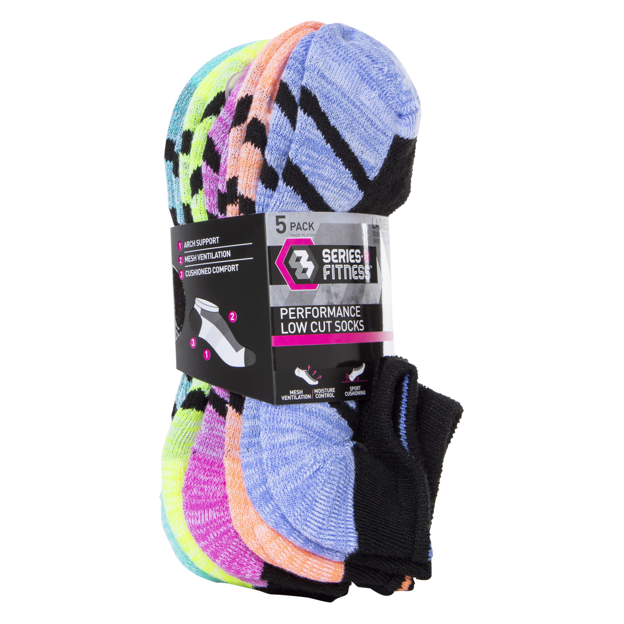 Series-8 Fitness™ Women's Low-Cut Socks Black & Brights 5-Pack