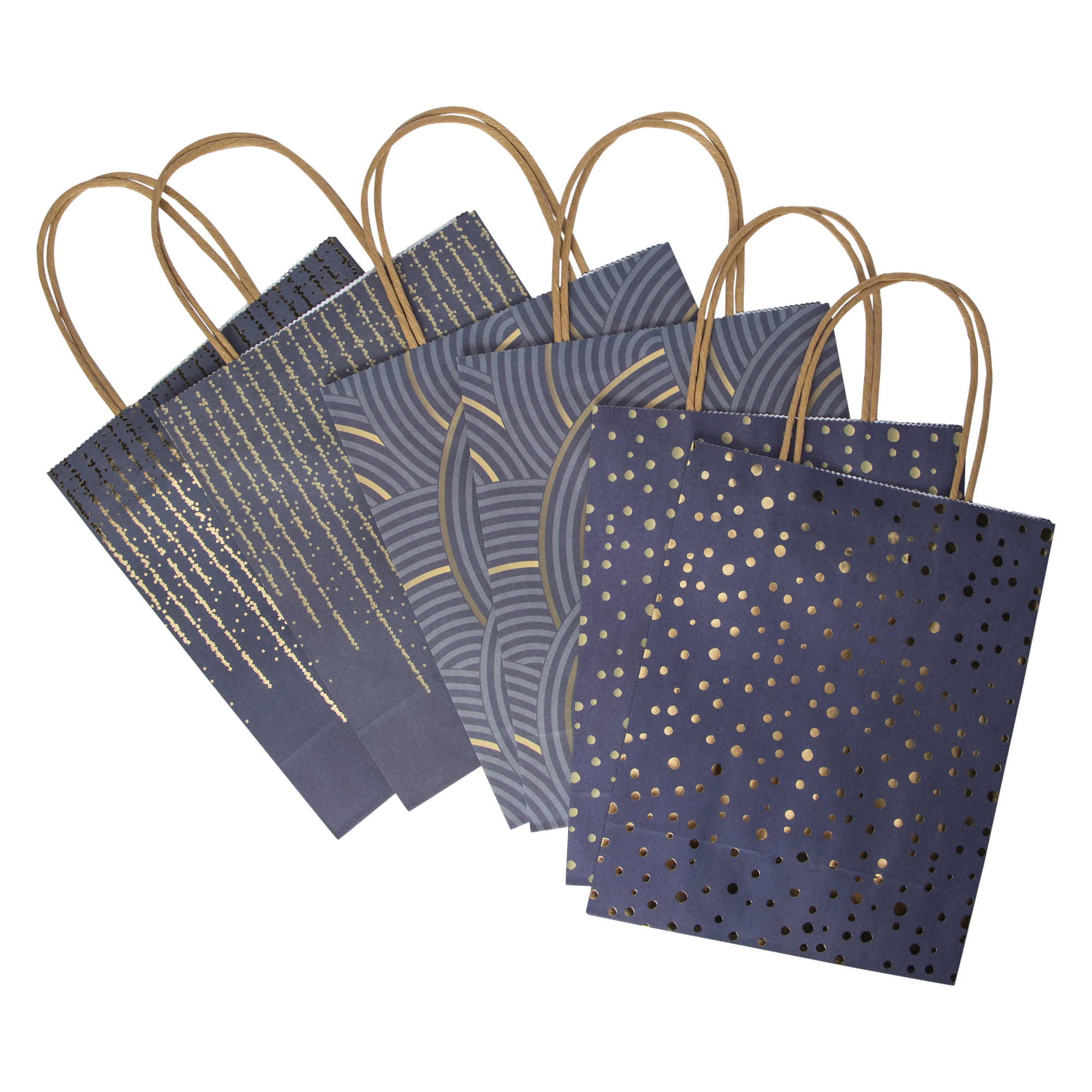 6-Count Navy & Gold Medium Kraft Paper Gift Bags 7in x 9in