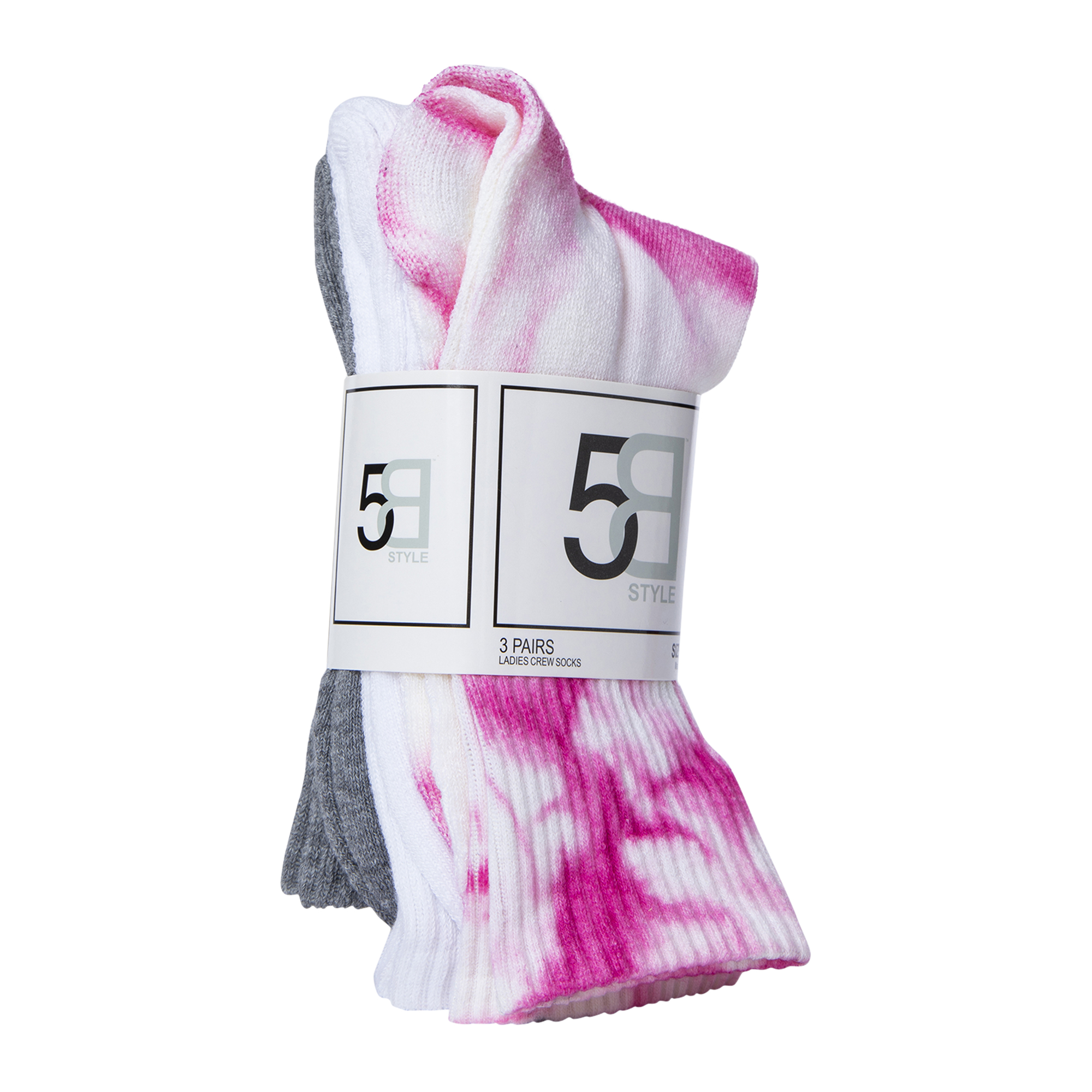 Ladies Pink Tie Dye Crew Socks 3-Pack